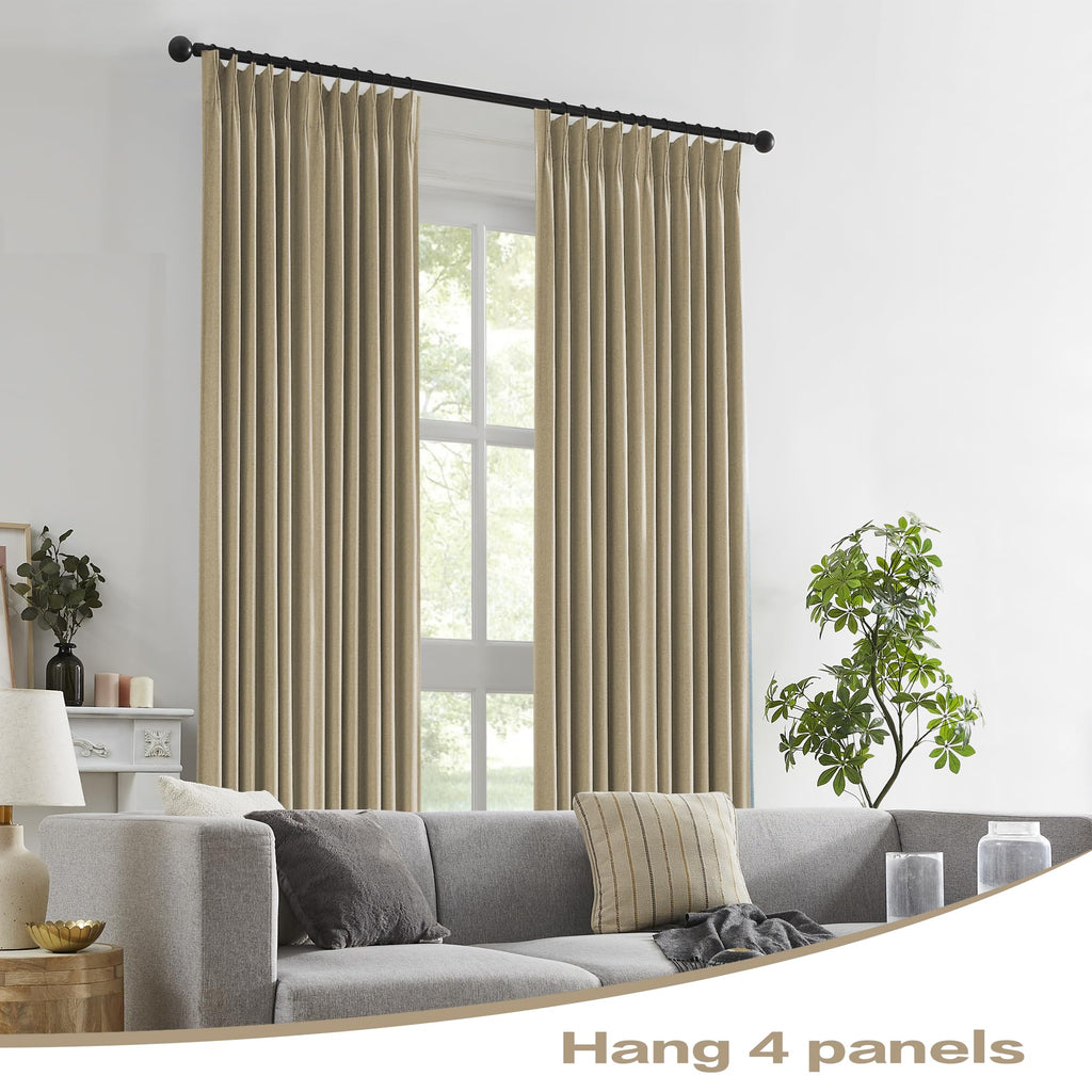 Dualife Taupe Blackout Pinch Pleated Curtains For Bedroom 144 Inch Length, Linen Blended Farmhouse 100% Blackout Thermal Insulat