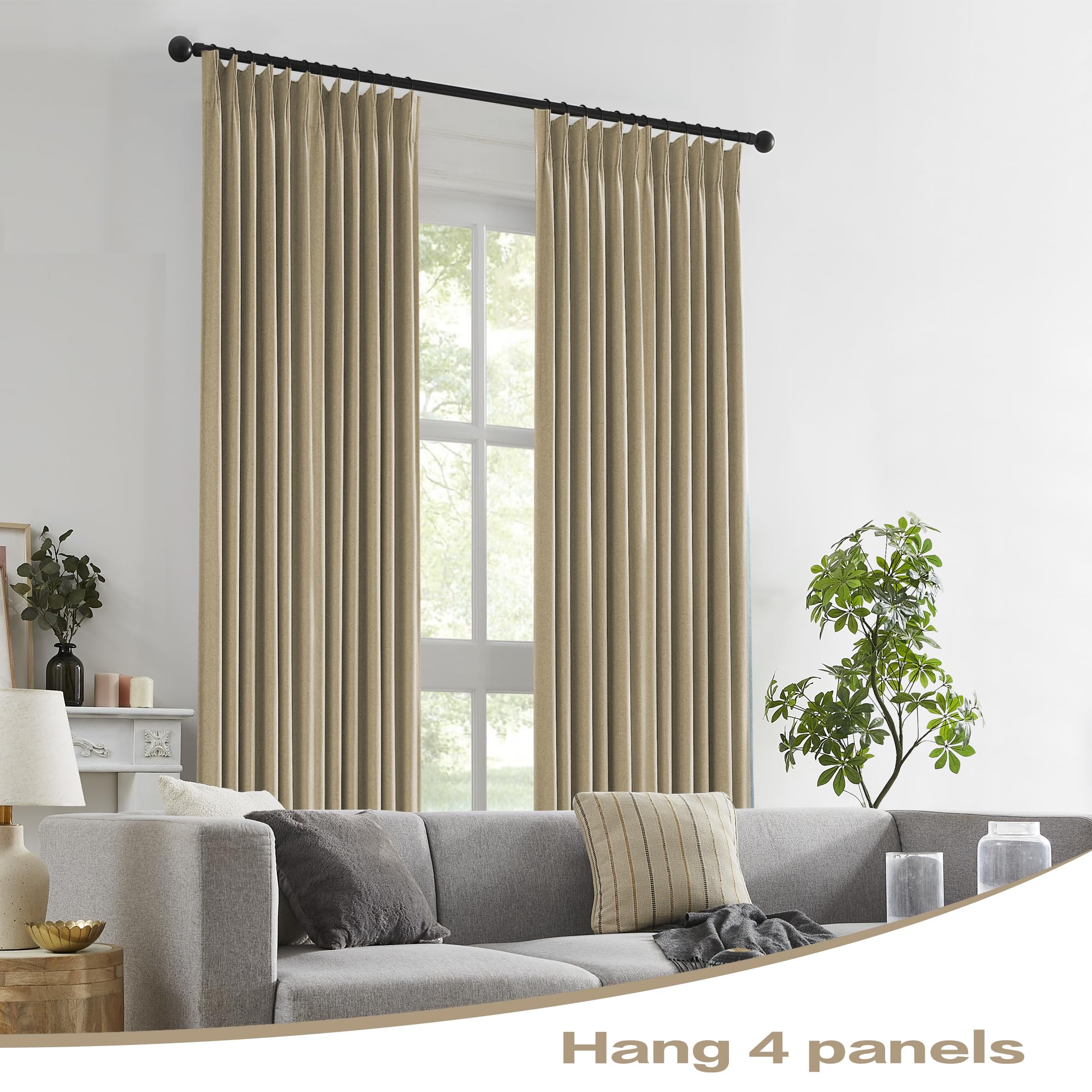 Dualife Taupe Blackout Pinch Pleated Curtains For Bedroom 144 Inch Length, Linen Blended Farmhouse 100% Blackout Thermal Insulat