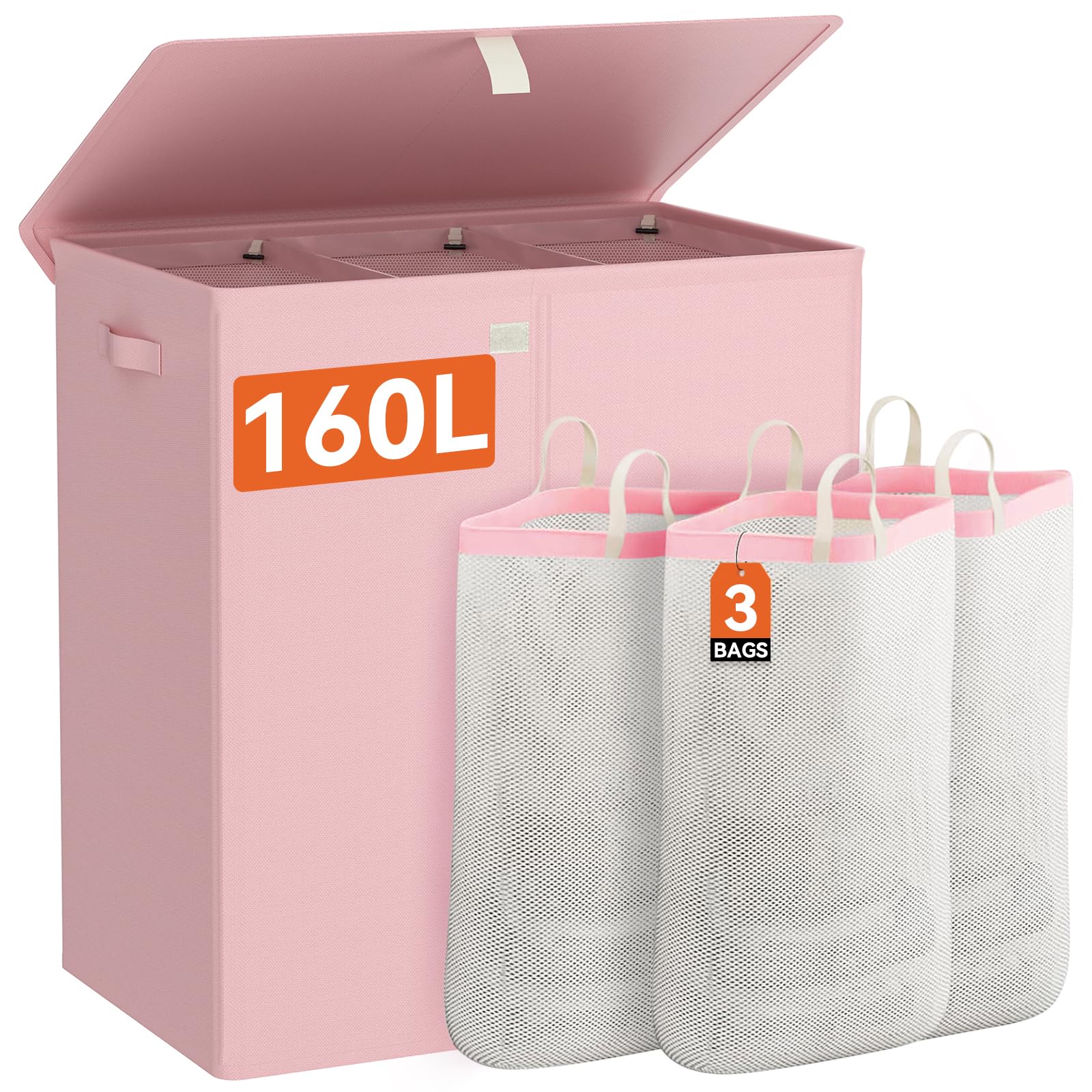 WOWLIVE Laundry Hamper with Lid,160L Large Laundry Basket 3 Section with Removable Washing Bags,Collapsible Waterproof Dirty Clo