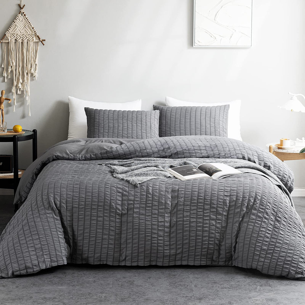 Warmdern Duvet Cover Set Queen Size, 3Pcs Washed Microfiber Grey Bedding Set, Soft Breathable Striped Textured Seersucker Duvet
