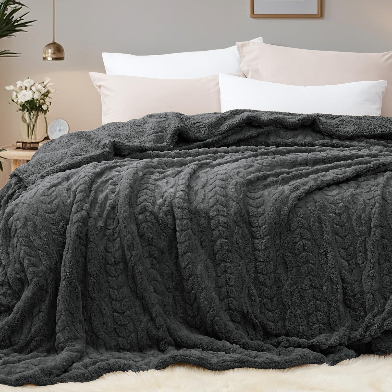 Phf Fluffy Sherpa Blanket King Size For Winter, Warm And Soft, 510Gsm 3D Jacquard Thick Shaggy Fleece Plush Blanket For Sofa Bed