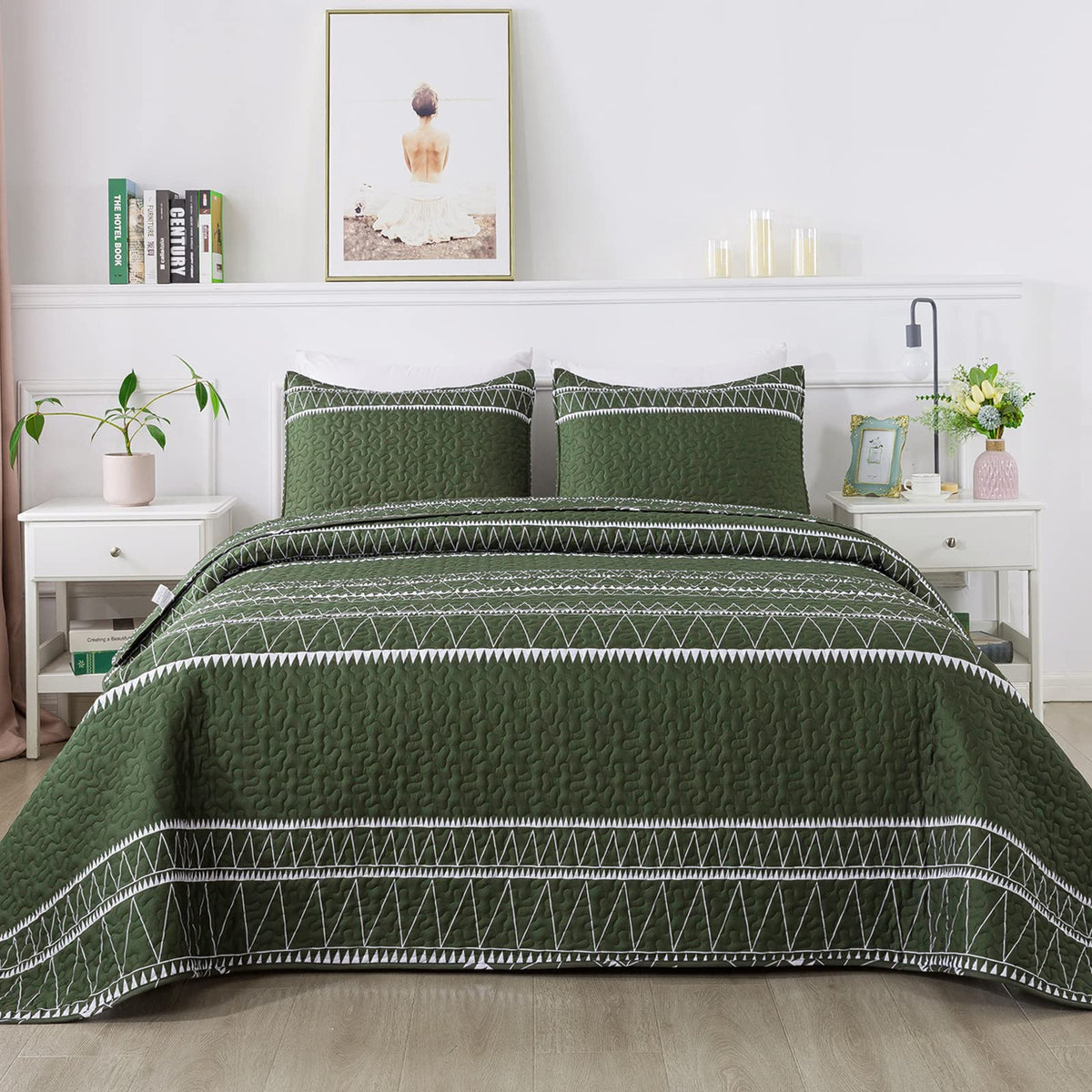 Andency Green Quilt Set King (106X96 Inch), 3 Pieces(1 Striped Triangle Printed Quilt And 2 Pillowcases), Bohemian Summer Lightw