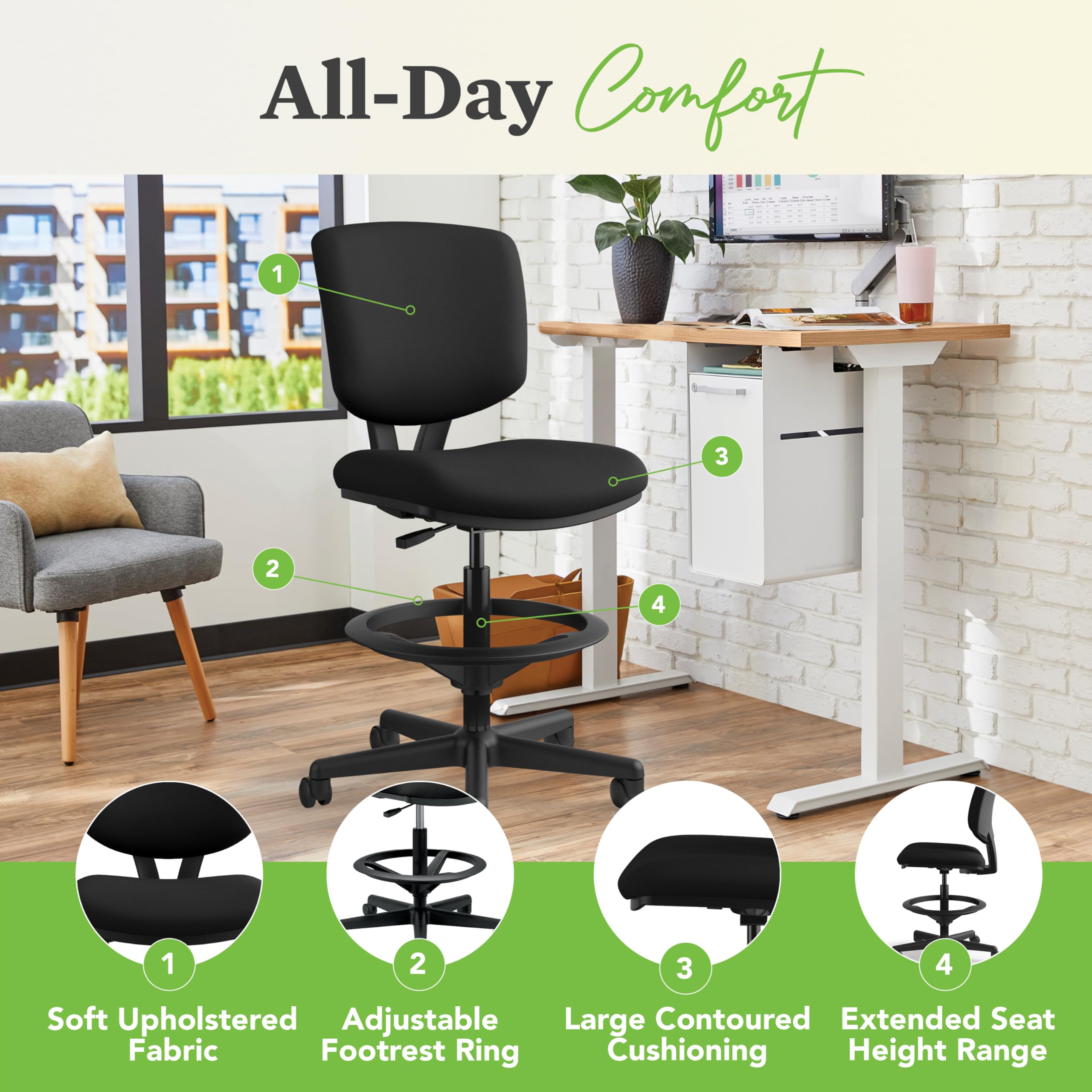 HON Volt Standing Desk Chair, Fabric Office Chair with Foot Rest, Armless, Ergonomic Recline and Center Tilt, Black