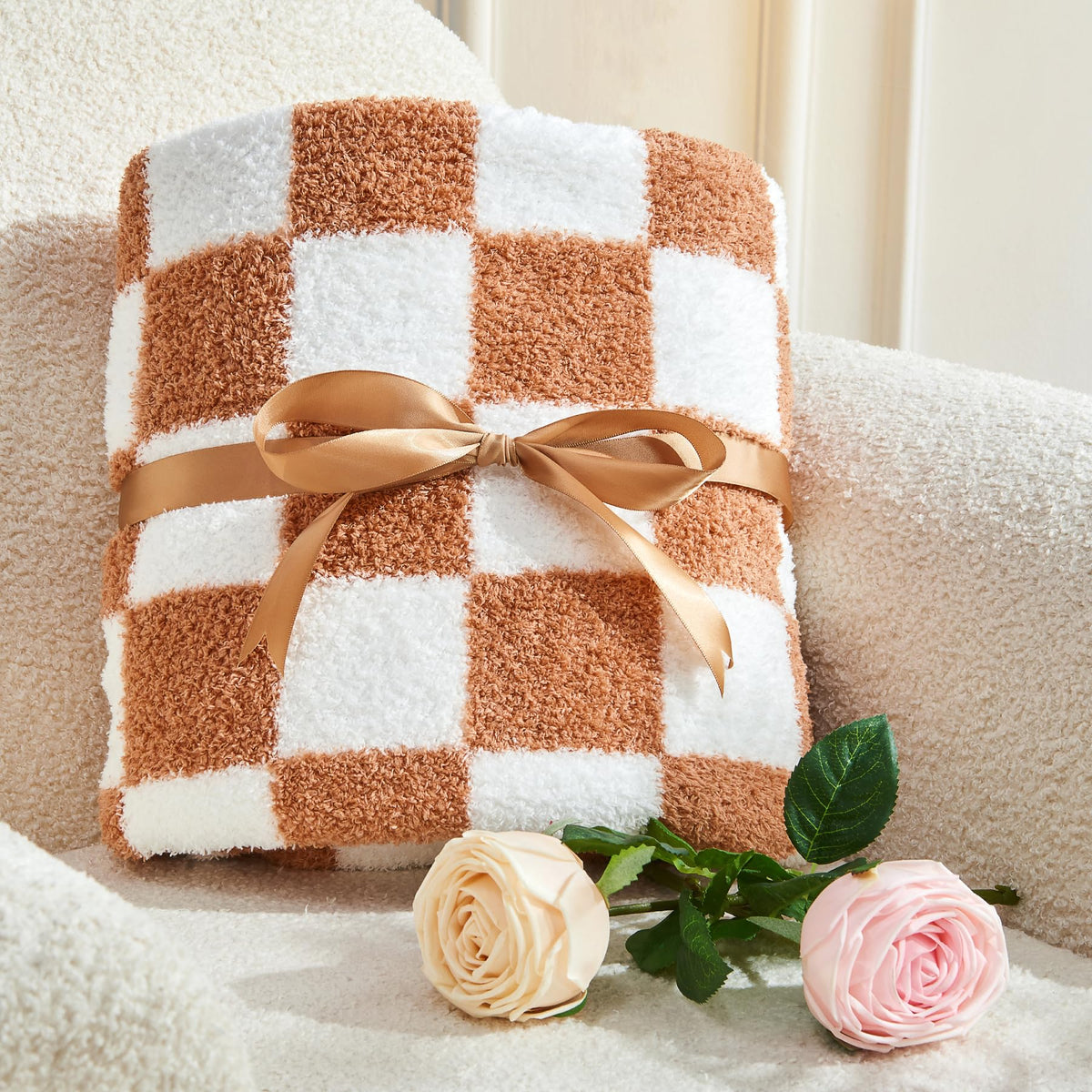 Bedelite Checkered Blanket - Reversible Soft Cozy Fuzzy Blanket, 350Gsm Warm Fluffy Throw Blanket For Couch, Bed, Travel (Khaki,