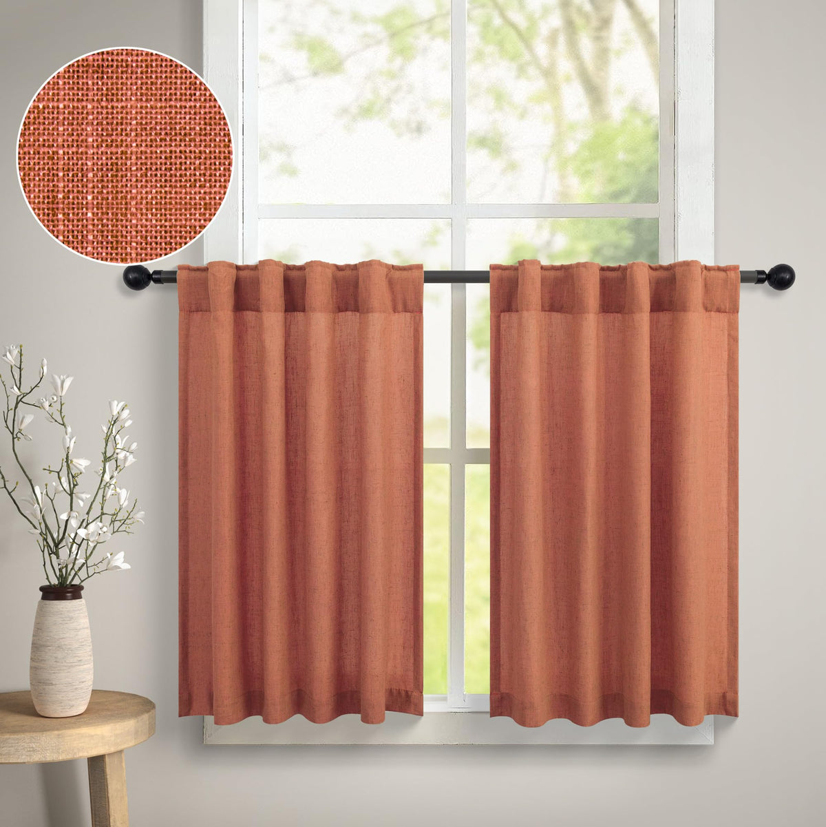 DANCURTON Terracotta Sheer Curtains Tier Linen Blend 30 W x 24 L