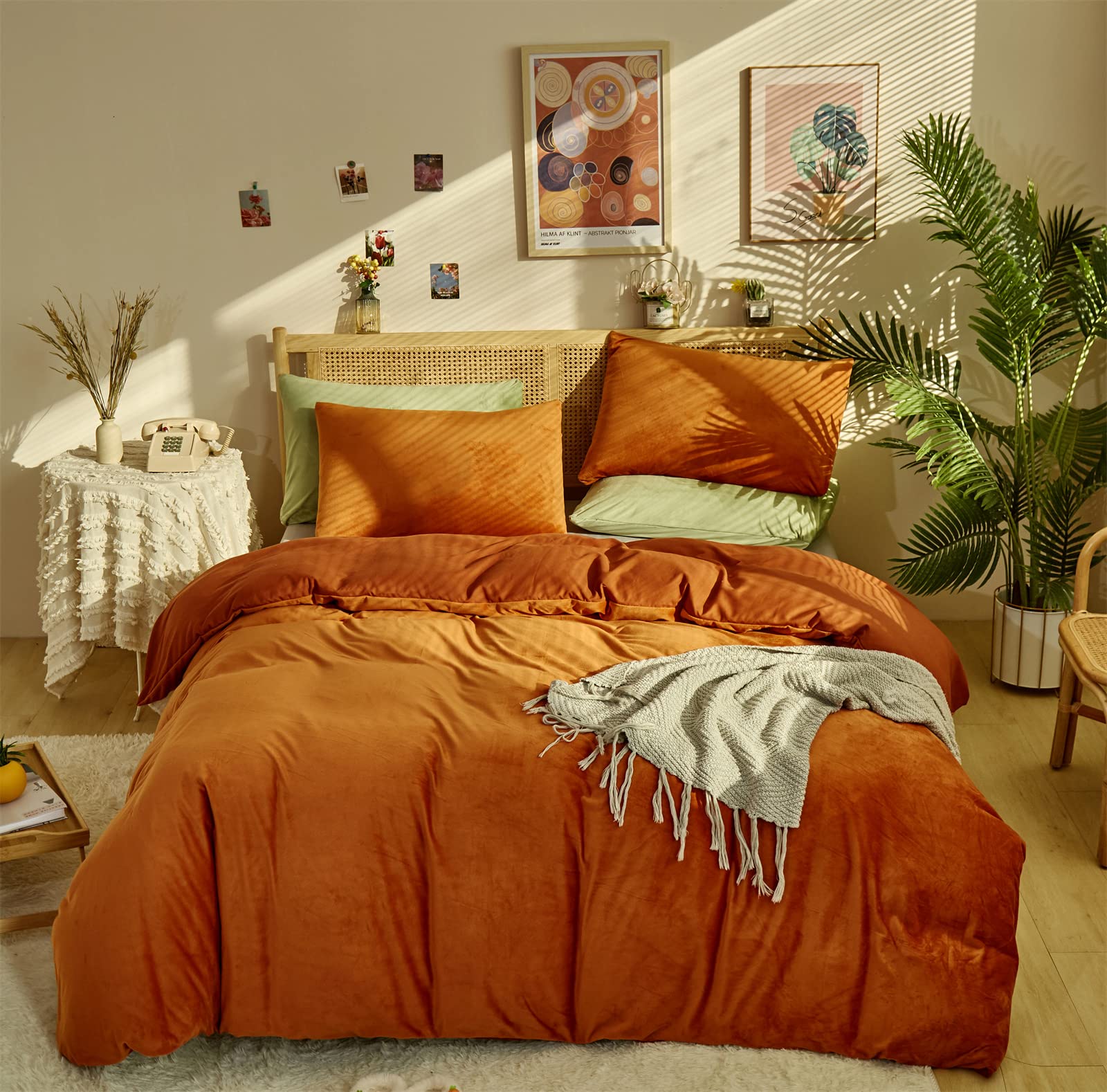 KAREVER Burnt Orange Color Velvet Comforter Set King Solid Rust Color Flannel Velvet Bedding Comforter Set All Caramel Colour 3 
