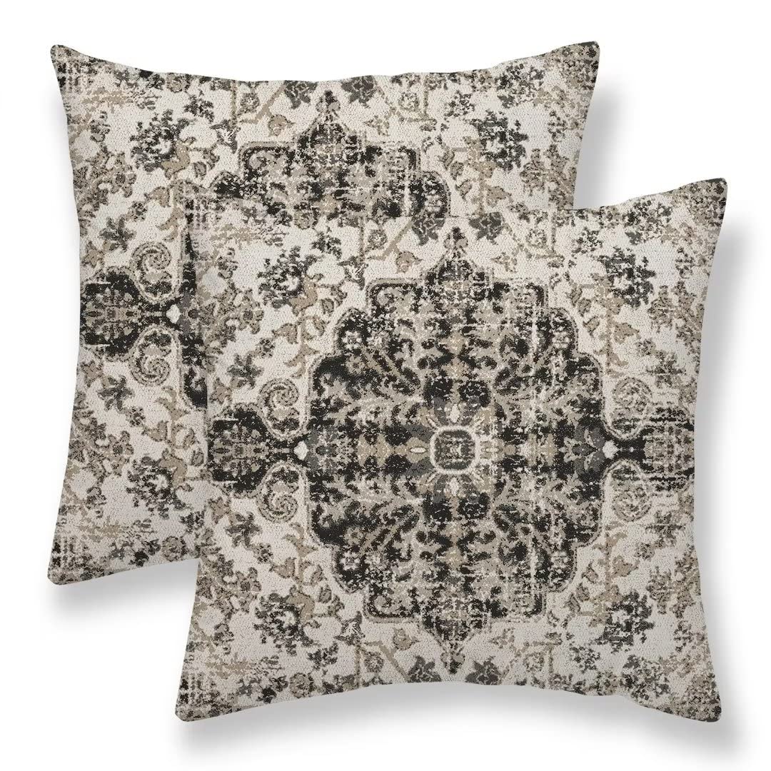 Sunshineyan Boho Throw Pillow Covers 20X20 Set Of 2, Black Brown Carpet Pattern Pillow Covers Ethnic Rustic Farmhouse Cushion Ca