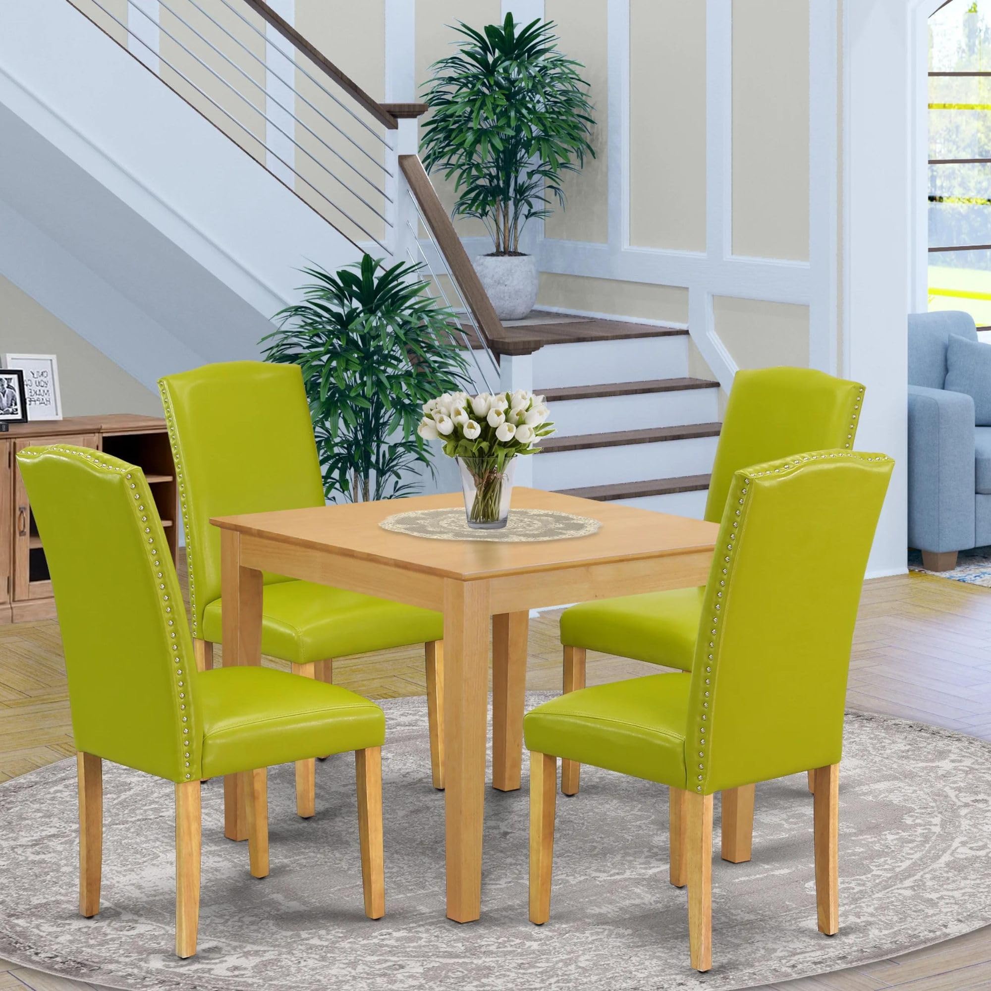 East West Furniture Oxen5-Oak-51 5 Piece Dining Set Includes A Square Dining Room Table And 4 Autumn Green Faux Leather Upholstered Parson Chairs, 36X36 Inch, Oak