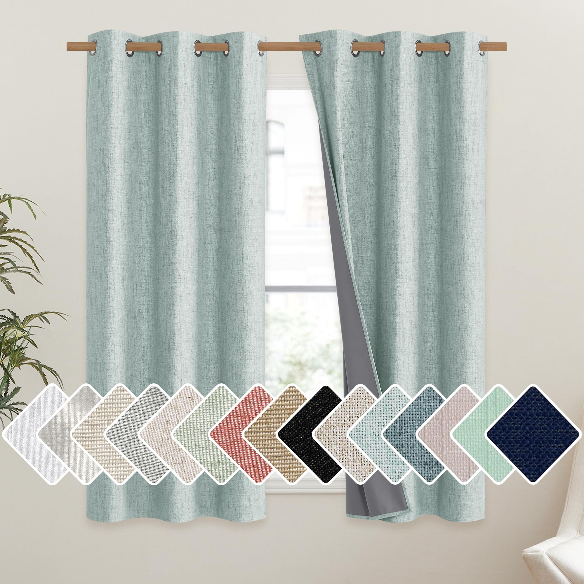 NICETOWN 100% Absolutely Blackout Linen Curtains with Thermal Insulated Liner, Seafoam Green, 42 Wide, 45 Length Energy Saving C