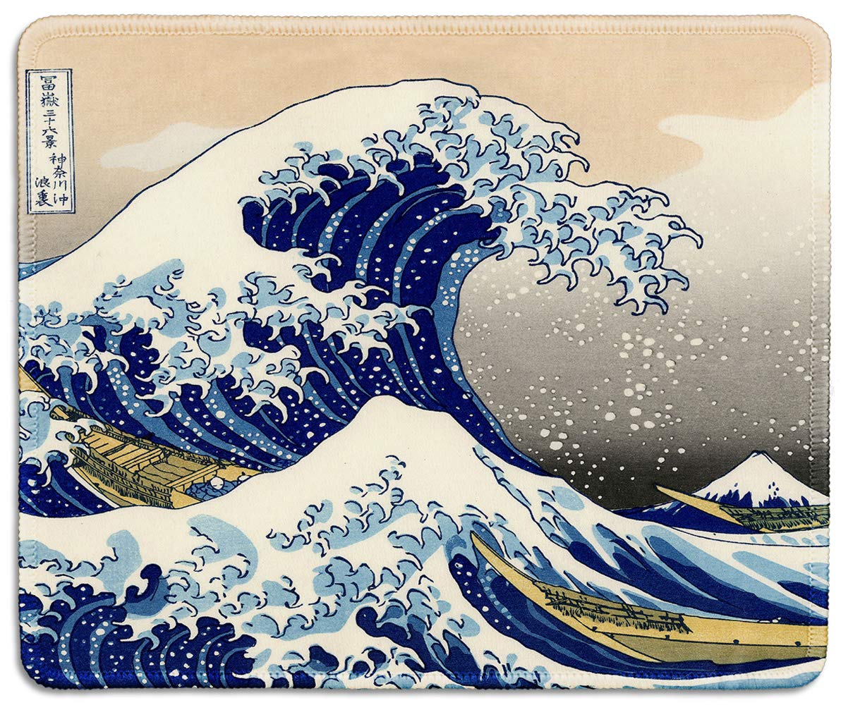 Dealzepic - Art Mouse Pad - Natural Rubber Mousepad Printed With Japan Art The Great Wave By Hokusai - Stitched Border - 9.5X7.9
