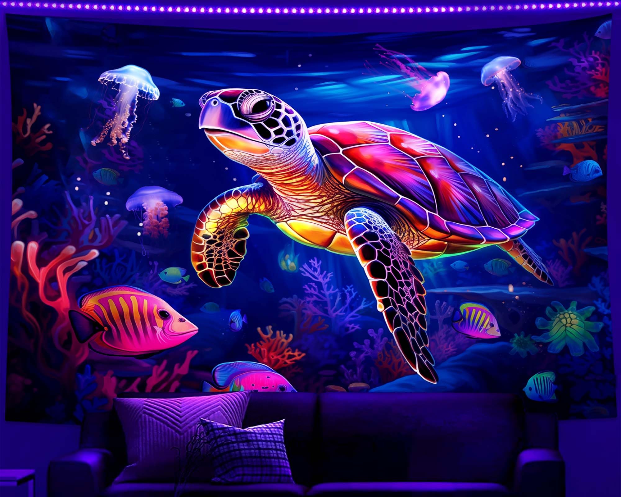 Qghot Turtle Tapestry, Blacklight Ocean Tapestry Wall Hanging Undersea Black Light Poster For Kids Glow In The Dark Kids Tapestr