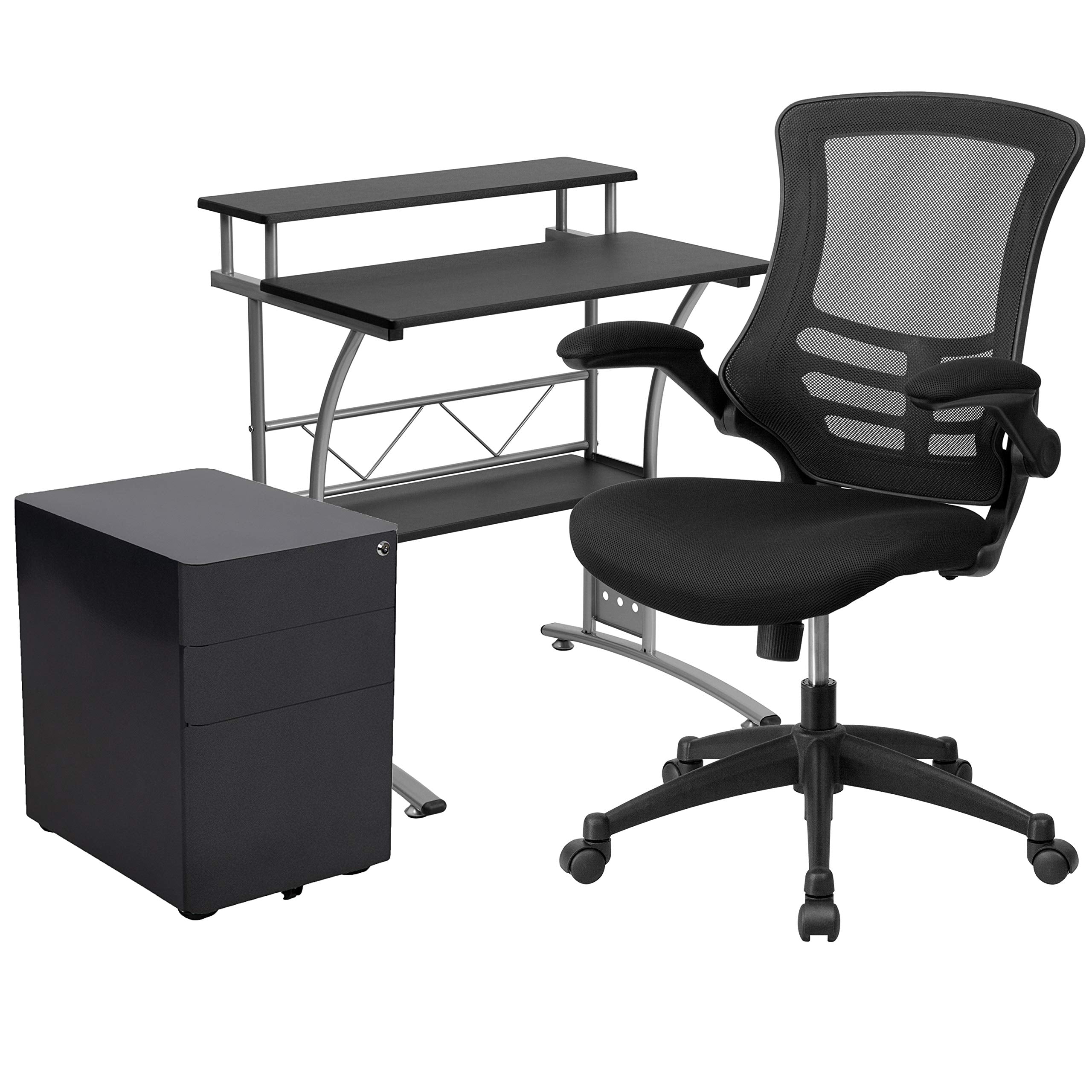 Flash Furniture Calder Work From Home Kit - Black Computer Desk, Ergonomic Mesh Office Chair And Locking Mobile Filing Cabinet With Side Handles