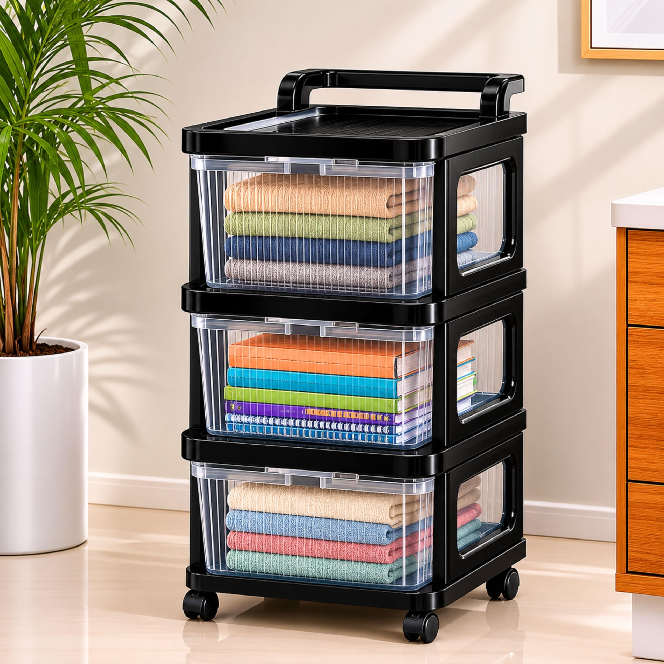 3 Layer Heavy Duty Plastic Storage Drawer With Wheels | Modular Cabinet For Bedroom, Office, Home | Chest Of Drawers Organiser F