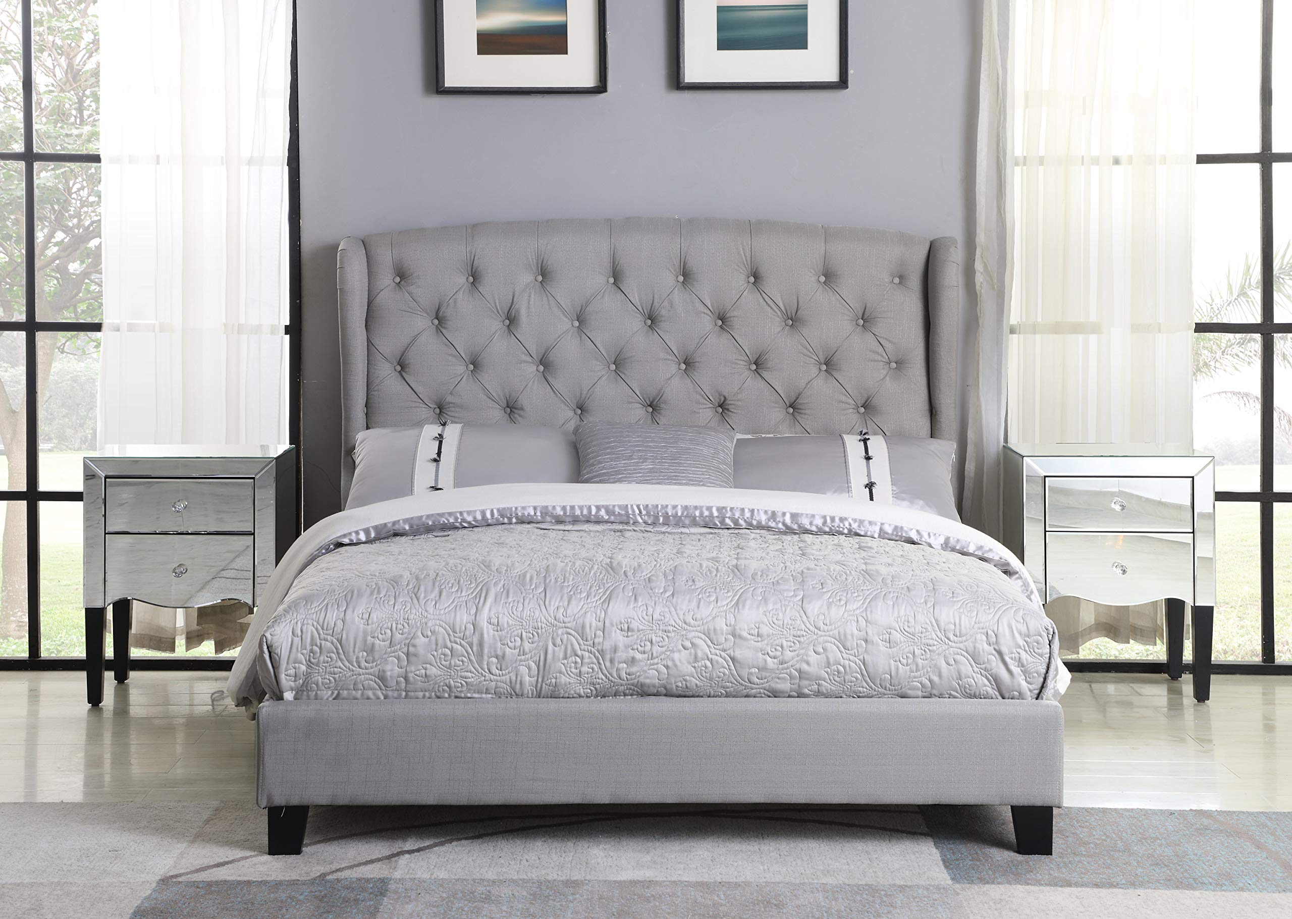 Best Master Furniture Yvette Upholstered Tufted With Wingback Platform Bed Queen, Grey