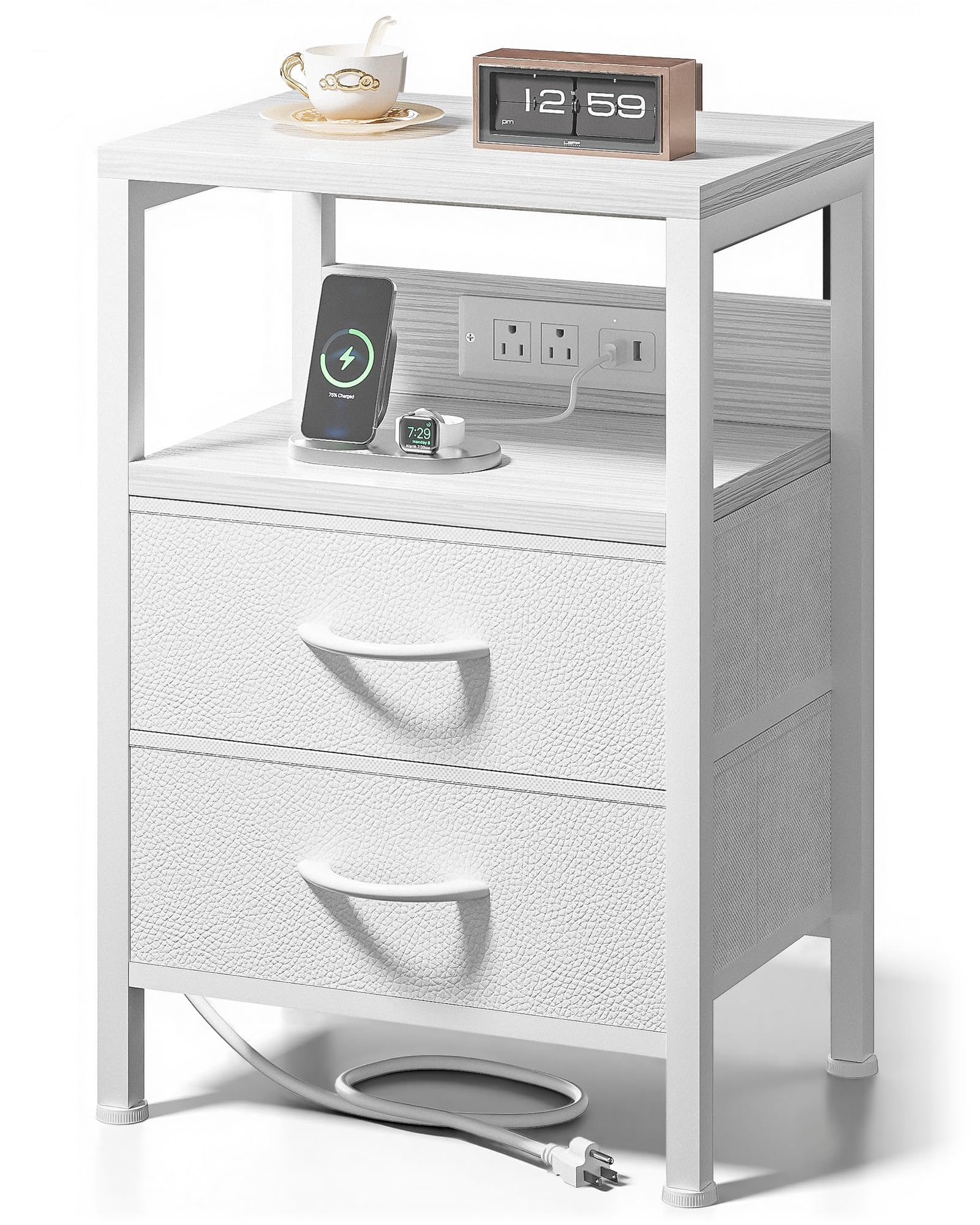 Lazzanto NightStand Bedside Charging Table Bedroom - Night Stand with Charger Station, White Modern Bed Side End Table with Open