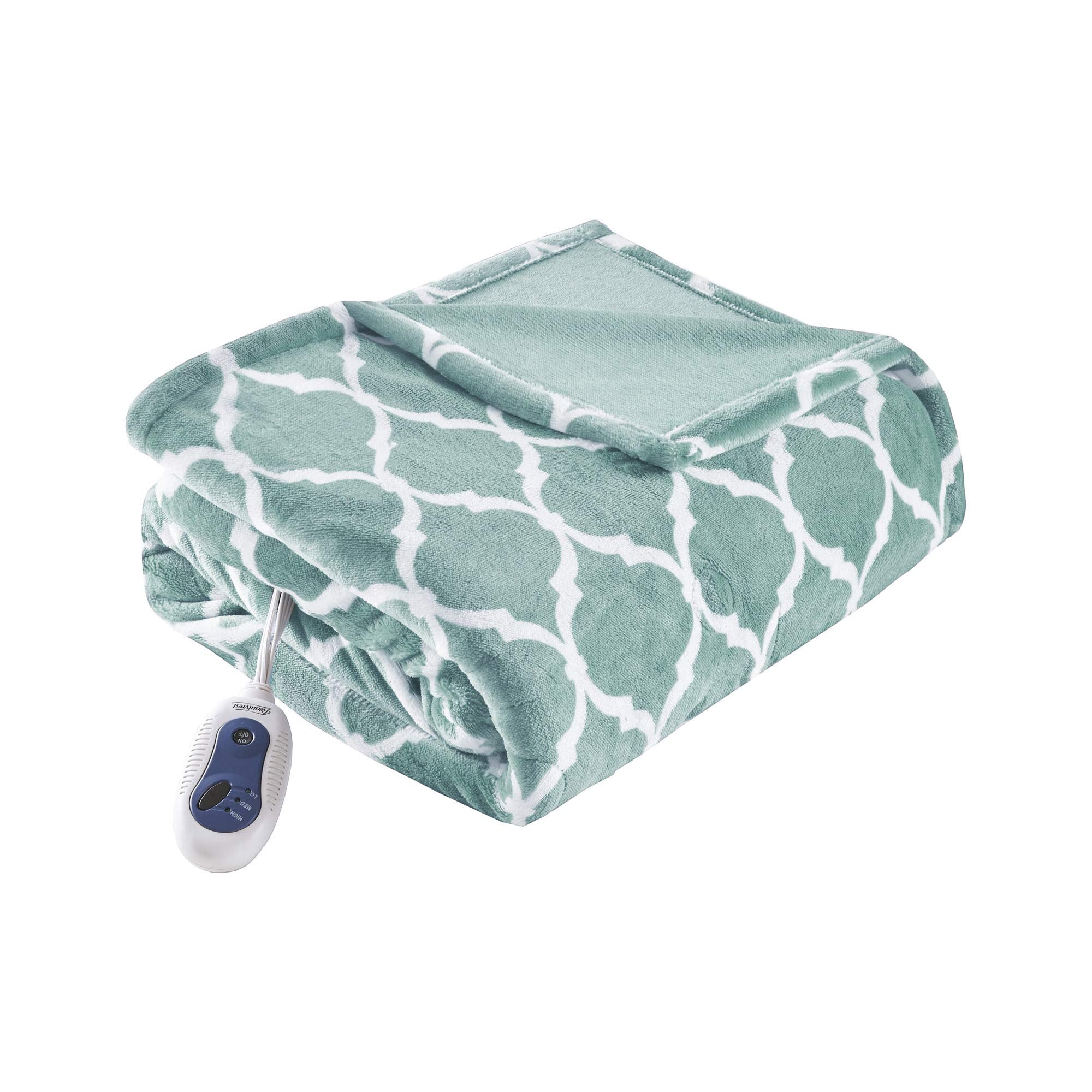 Beautyrest Ogee Printed Plush Electric Blanket for Cold Weather, Fast Heating, Auto Shut Off, Virtually Zero EMF, Multi Heat Set