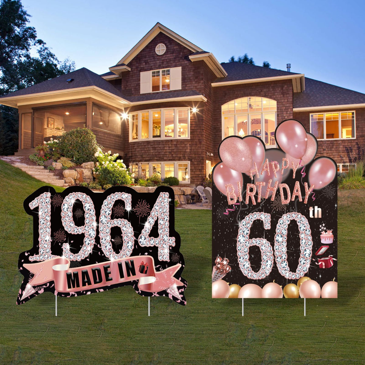 2Pcs Birthday Yard Signs,60Th Birthday Decorations For Woman,Rose Gold Happy 60 Birthday Sign Made In 1964 Lawn Signs Party Supp