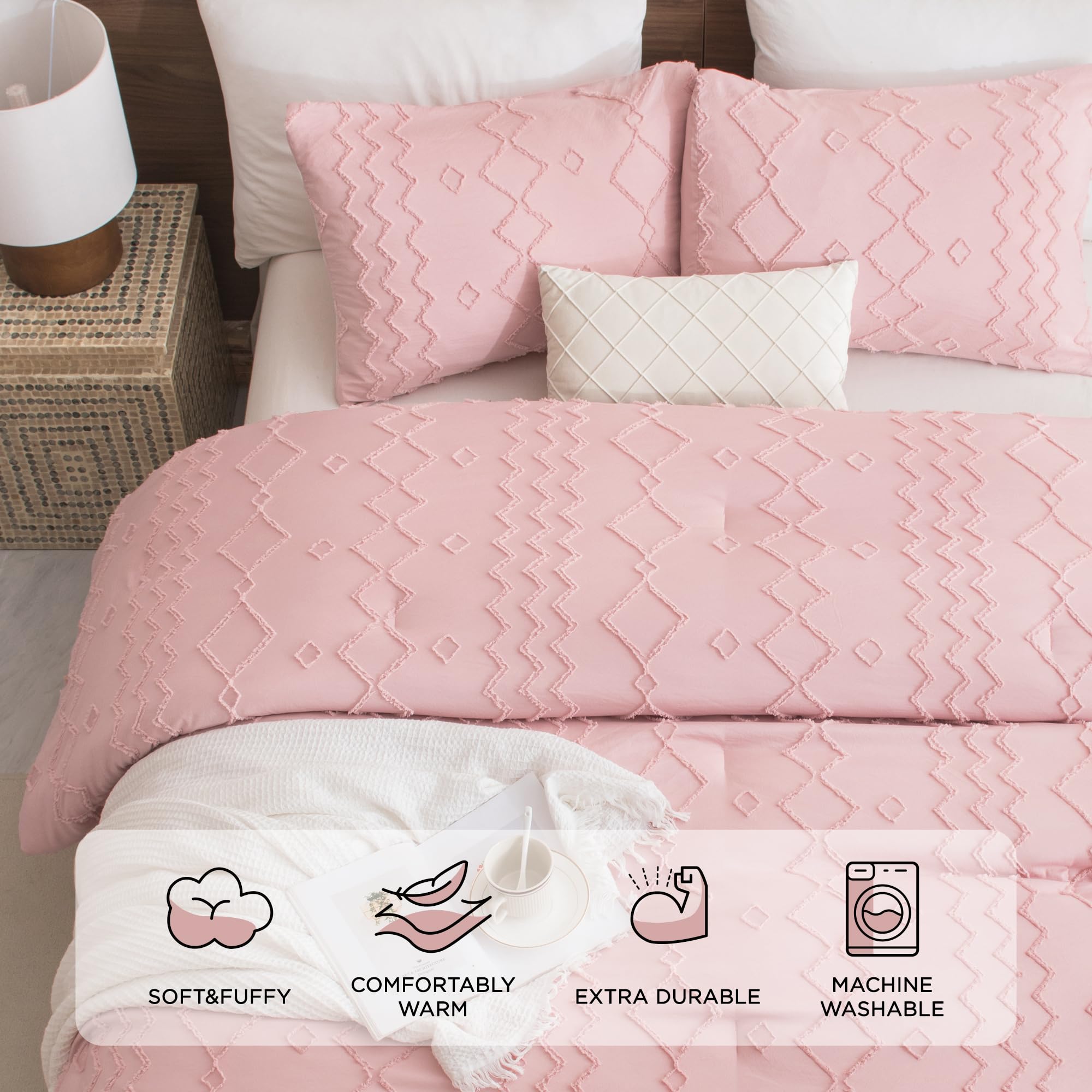 Andency Pink Tufted Comforter Set King(104X90Inch), 3 Pieces(1 Boho Comforter, 2 Pillowcases) Textured Farmhouse Comforter, Soft Microfiber Down Alternative Geometric Comforter Bedding Set