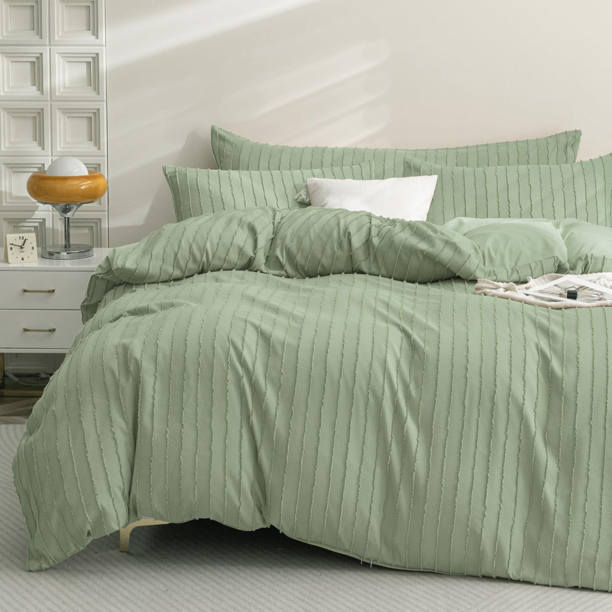 Jellymoni Light Green Duvet Cover Full Size - 3Pcs Microfiber Tufted Duvet Cover Set, Boho Striped Tufted Textured Duvet Cover W