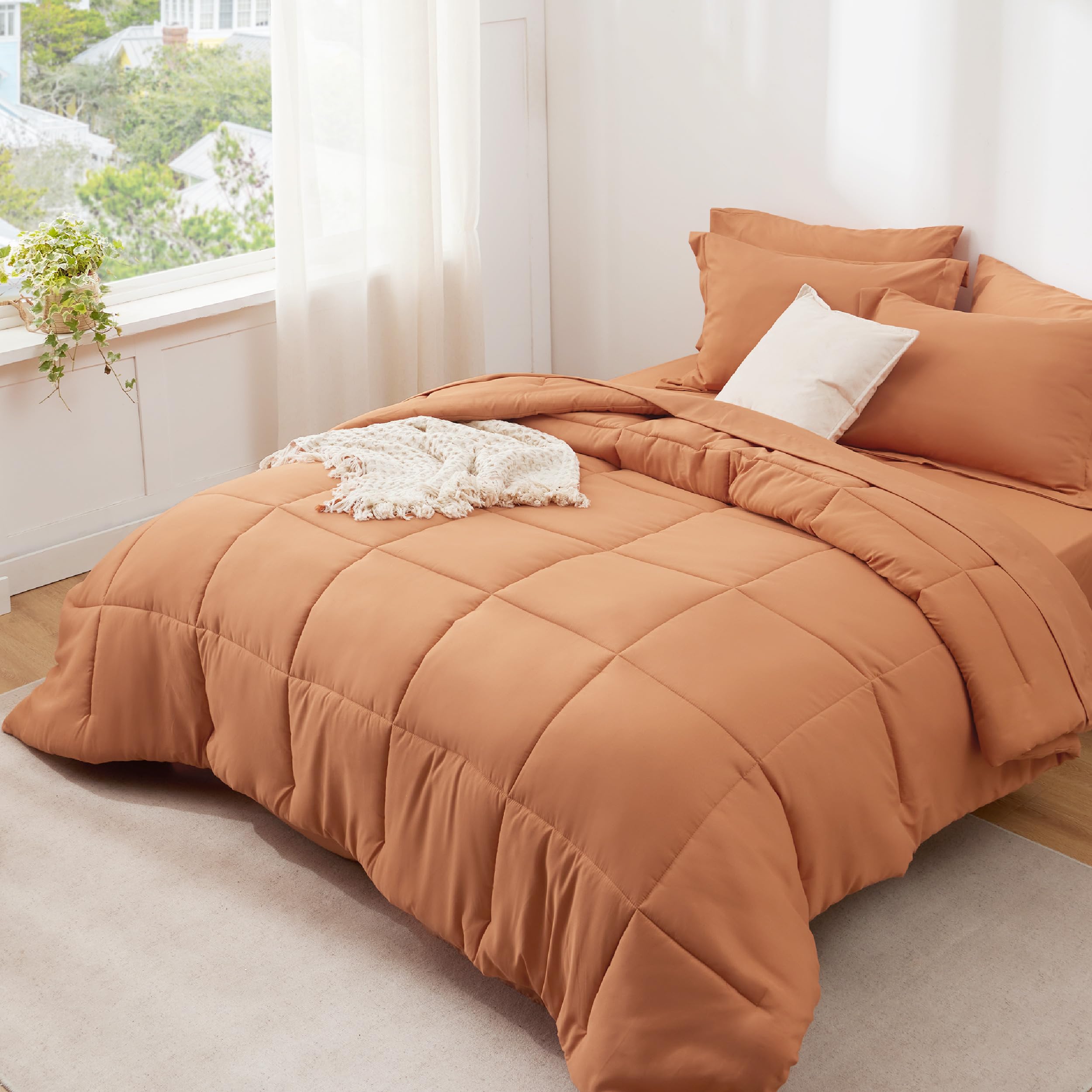 Bedsure Burnt Orange Twin Comforter Set - 5 Pieces Solid Twin Bed In A Bag, Twin Bed Set Burnt Orange With Comforters, Sheets, Pillowcase & Sham