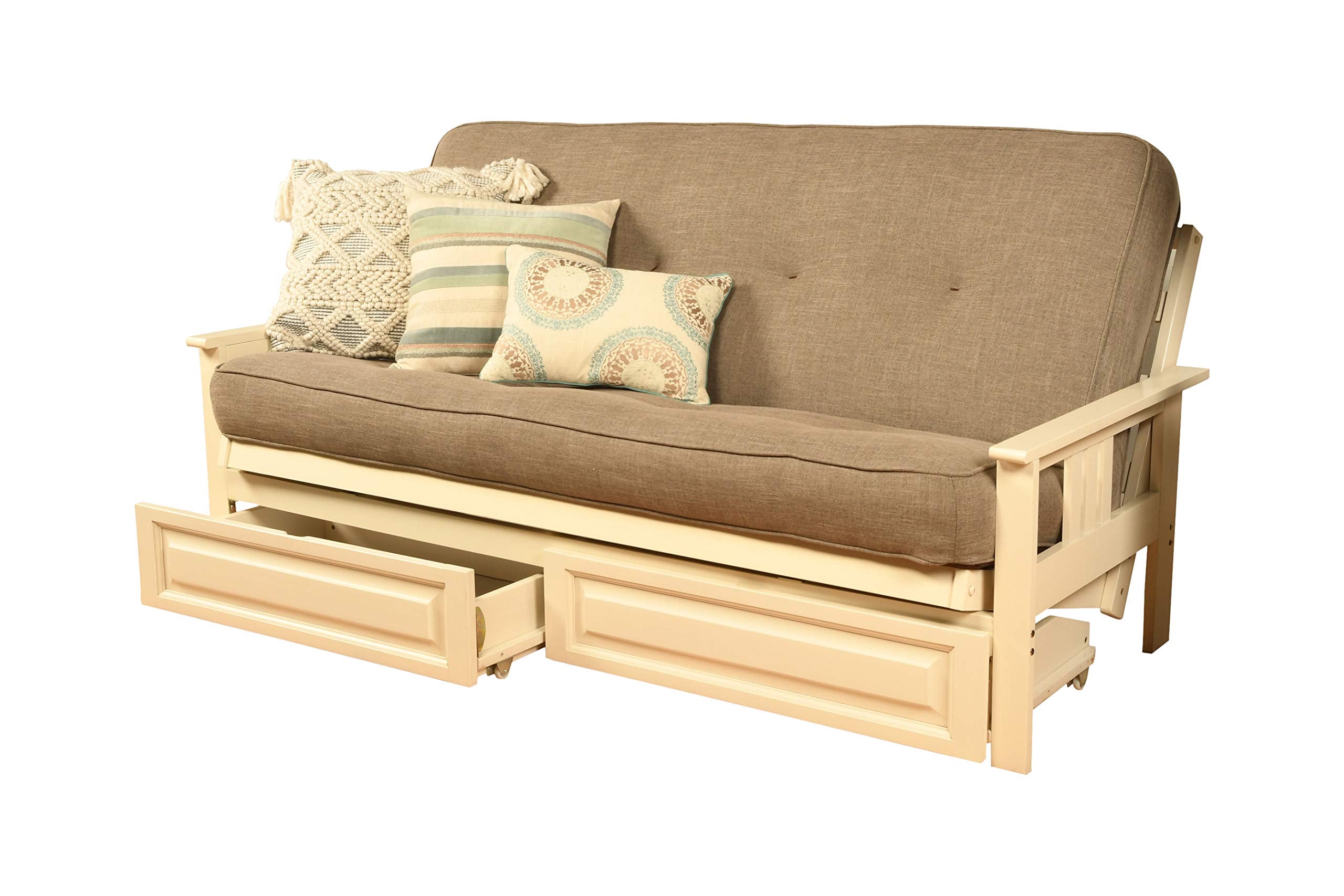 Kodiak Furniture Monterey Futon Set With Storage Drawers, With Antique White Base And Linen Stone Mattress