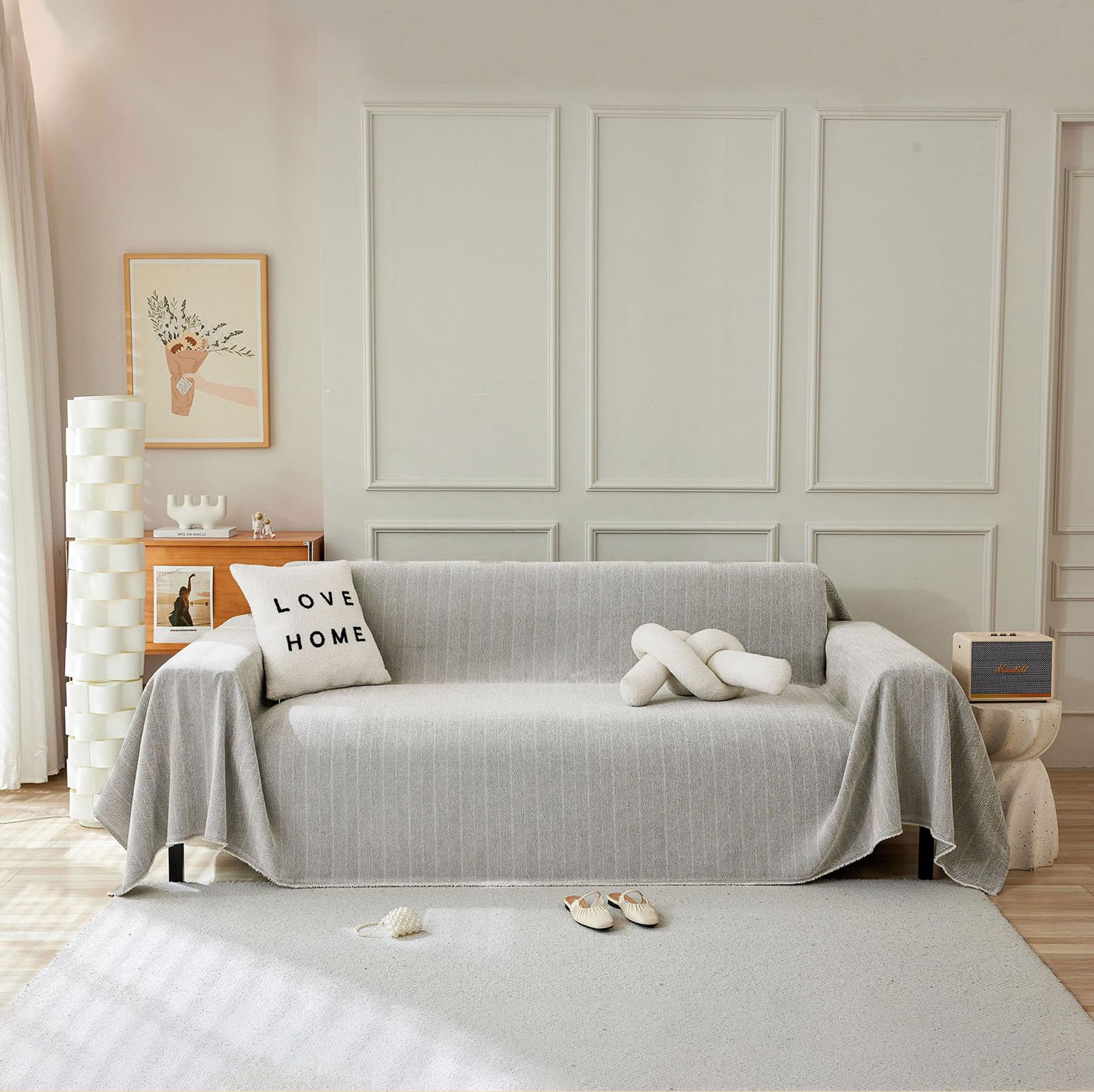 Handontime Grey Sofa Cover For Couch Boho Couch Cover For 3 Seat Couch Dog Couch Cover Love Seat Couch Covers Light Grey Sofa Sectional Cover 91' X118' Tassel Chenille Herringbone Sofa Covers