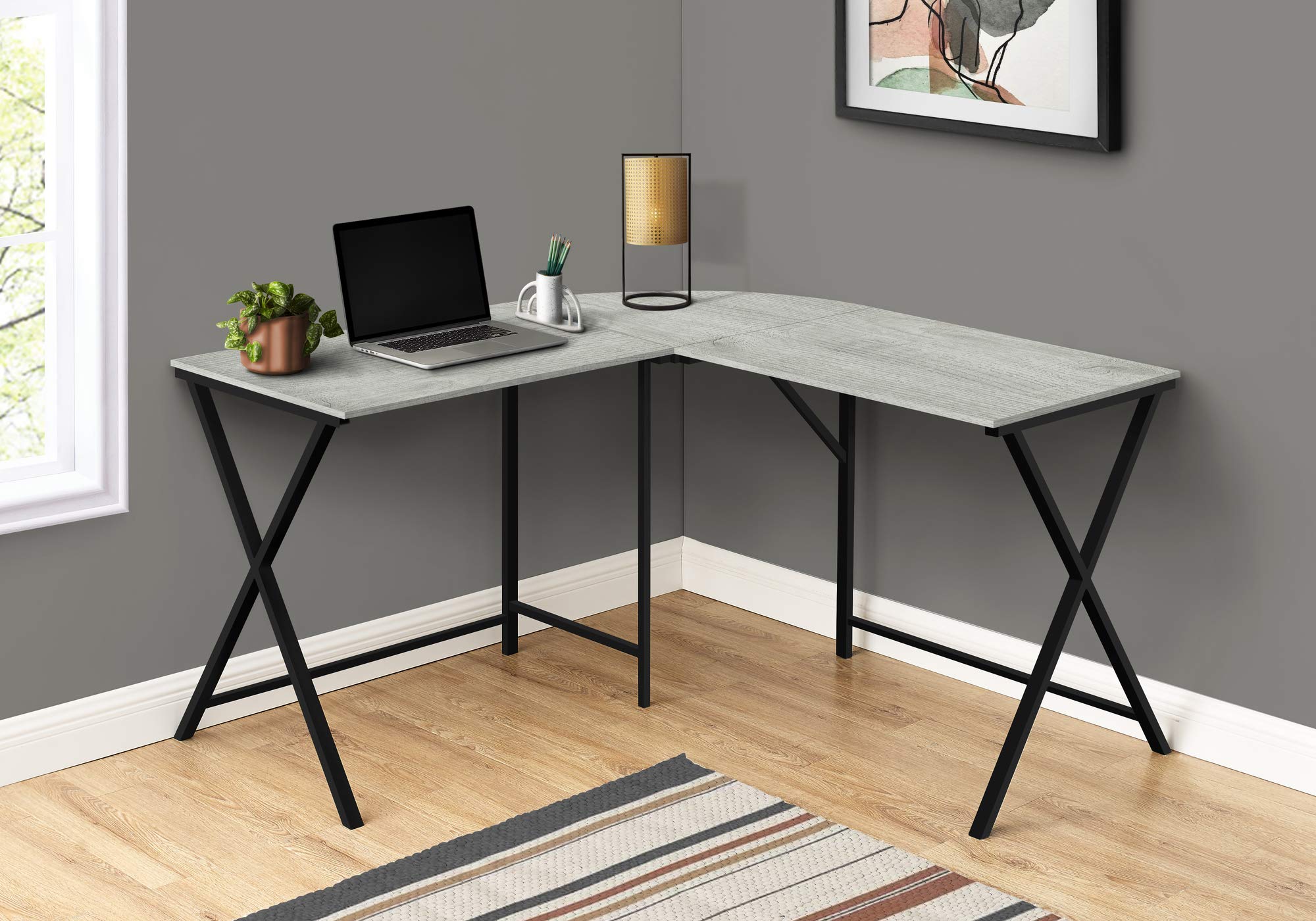 Monarch Specialties I 7196 Computer Desk, Home Office, Corner, 55' L, L Shape, Work, Laptop, Metal, Laminate, Grey, Black, Contemporary, Modern