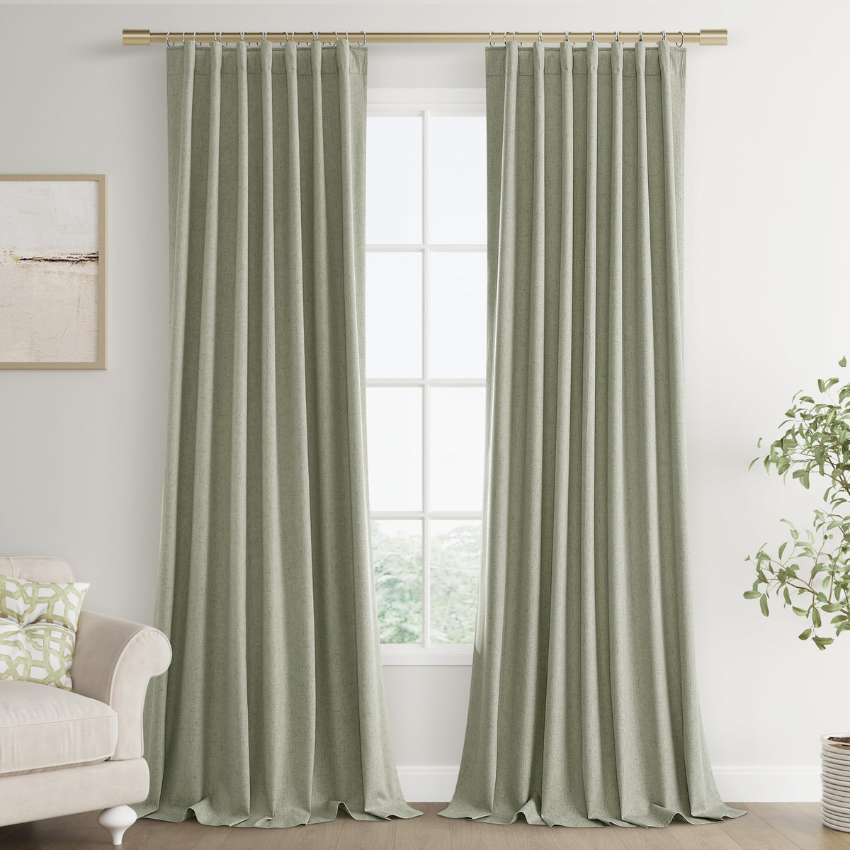 Joywell Linen 100% Blackout Curtains 120 Inches Length Long,Back Tab,Hook Belt,Thermal Insulated Pinch Pleated Solid Drapes For Bedroom With Hooks High Ceiling Length(2 Panels,52 X 120,Sage Green)