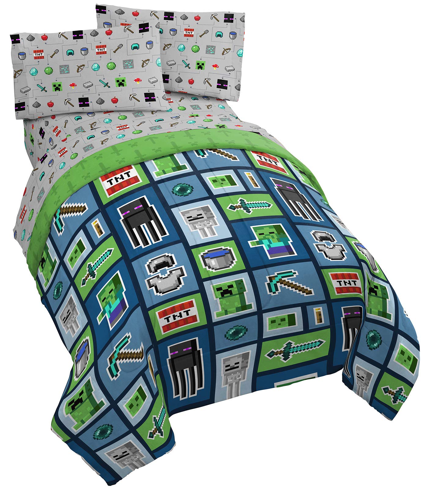 Jay Franco Minecraft Monster Hunters 4 Piece Twin Bed Set - Includes Reversible Comforter & Sheet Set - Bedding Features Creeper