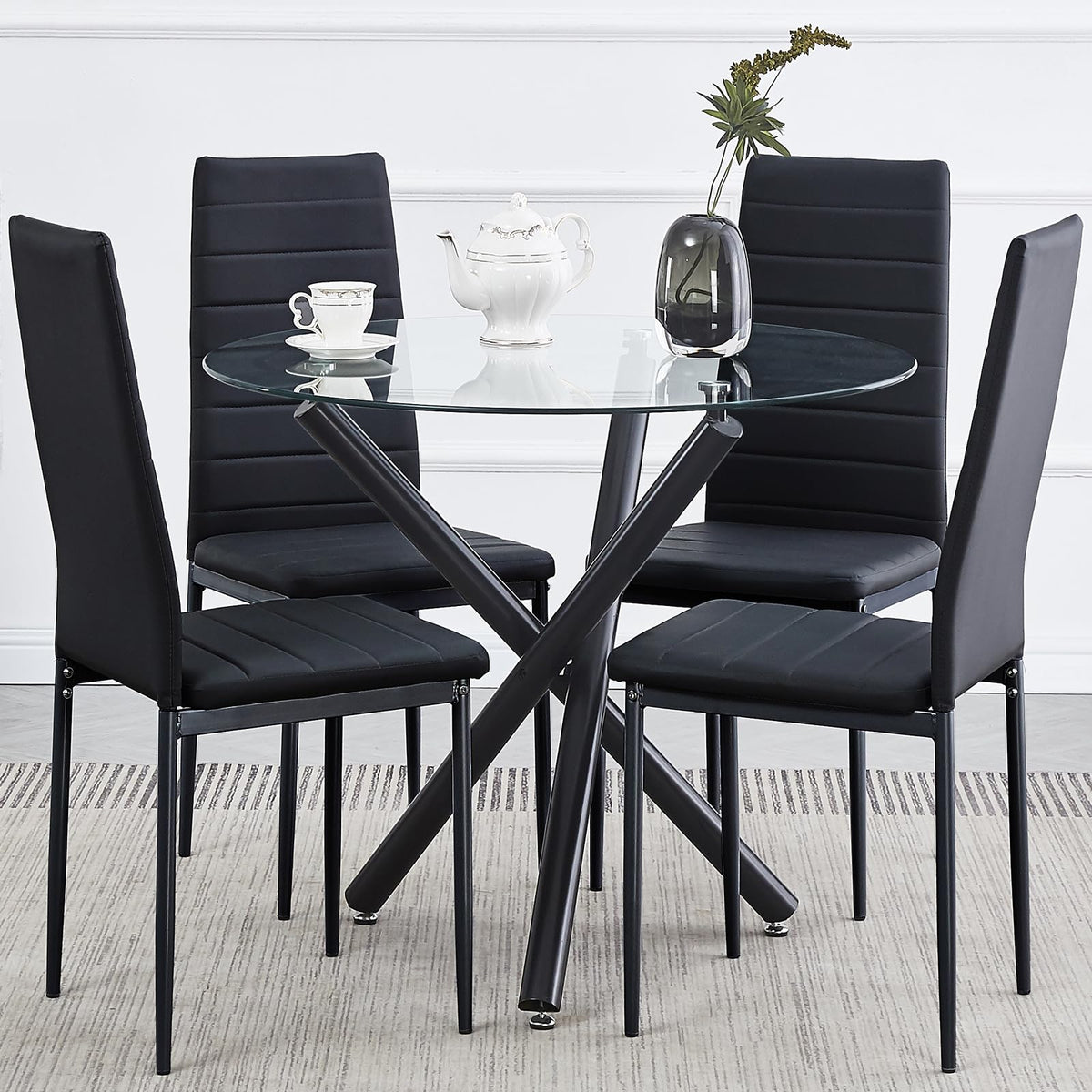Peitaiko Black Round Glass Dining Set 5-Piece Glass Kitchen Table & Chairs For 4,Tempered Glass Table With 4 Faux Leather Chairs