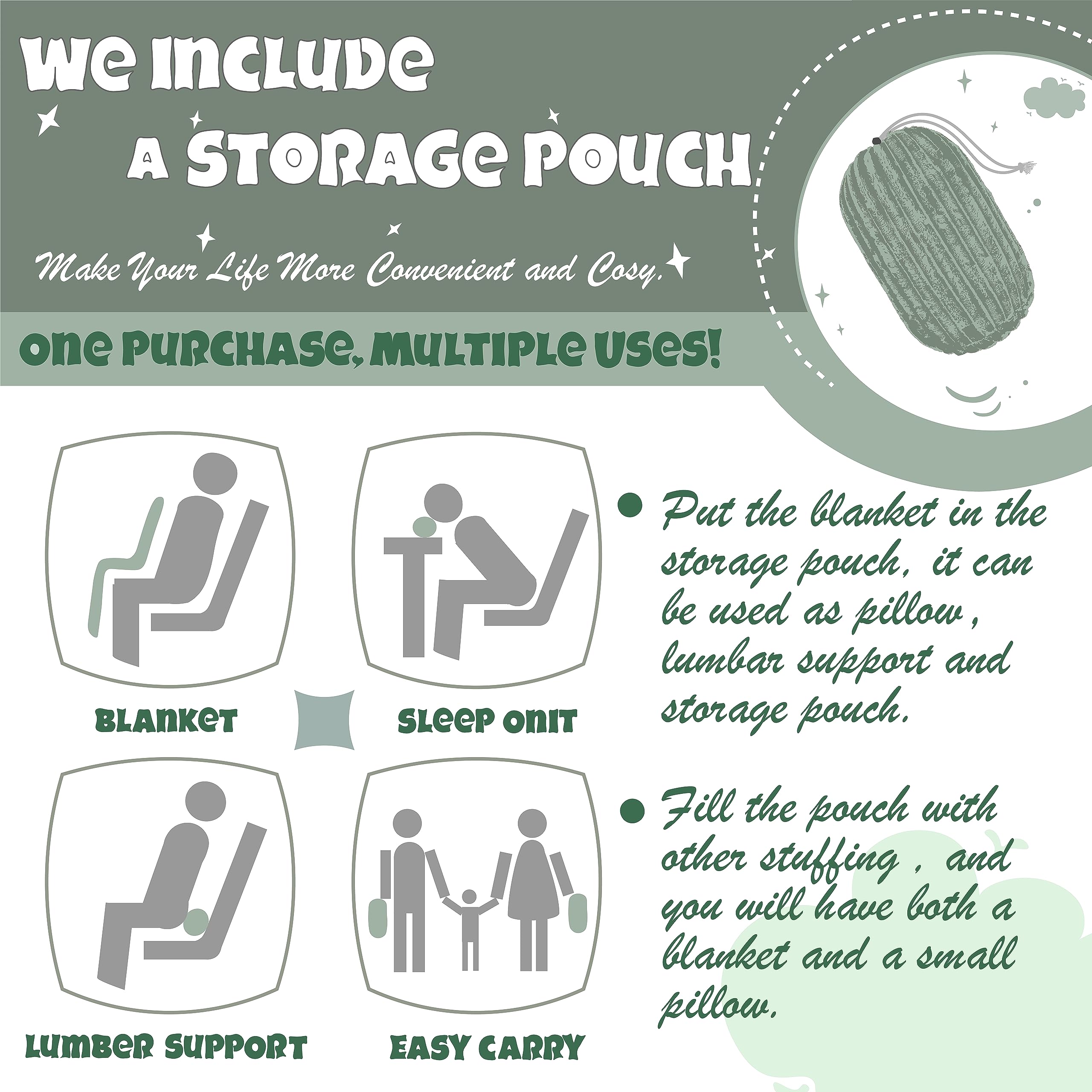 Bnuitland Sage Green Flannel Throw Blanket (60X80 Inches) With Storage Pouch,300Gsm Super Soft Fleece Stripe Pattern Sofa Blanke