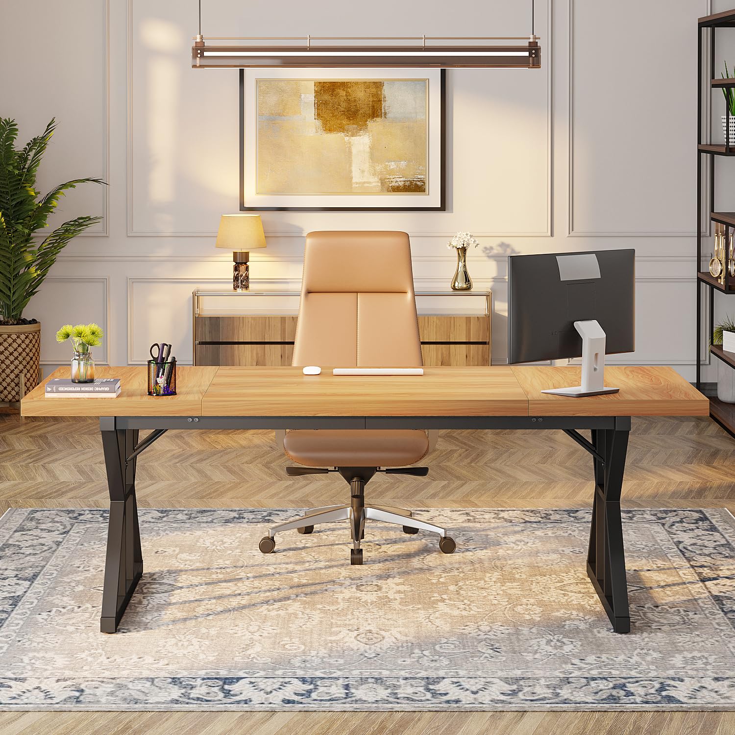 Tribesigns 70.8-Inch Executive Desk, Large Computer Office Desk Workstation, Modern Simple Style Laptop Desk Study Writing Table Business Furniture For Home Office (Light Walnut/Black, 70.8 Inch)