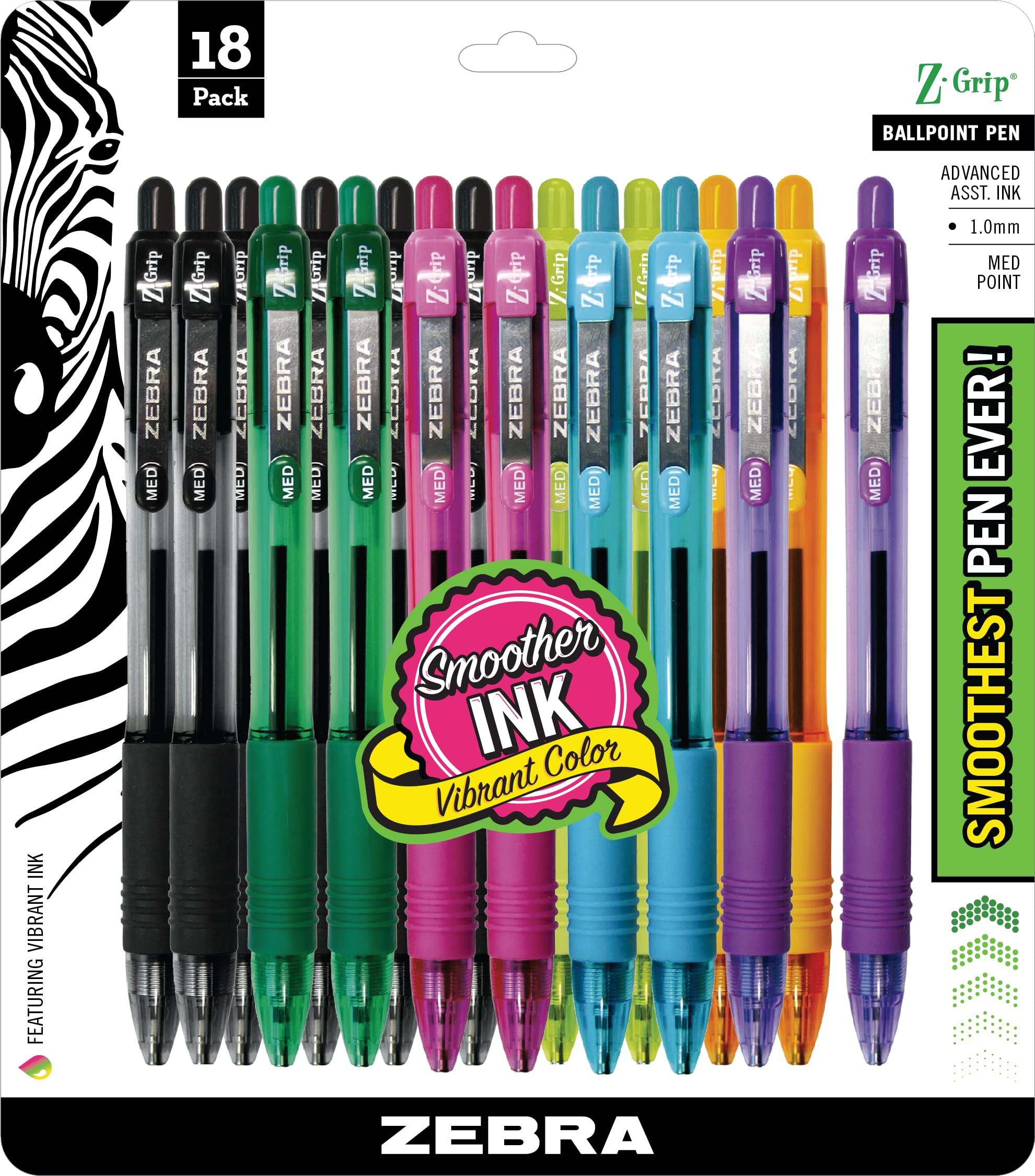 Zebra Pen Z-Grip Retractable Ballpoint Pen, Medium Point, 1.0Mm, Assorted Fashion Colors - 18 Pieces (22208)