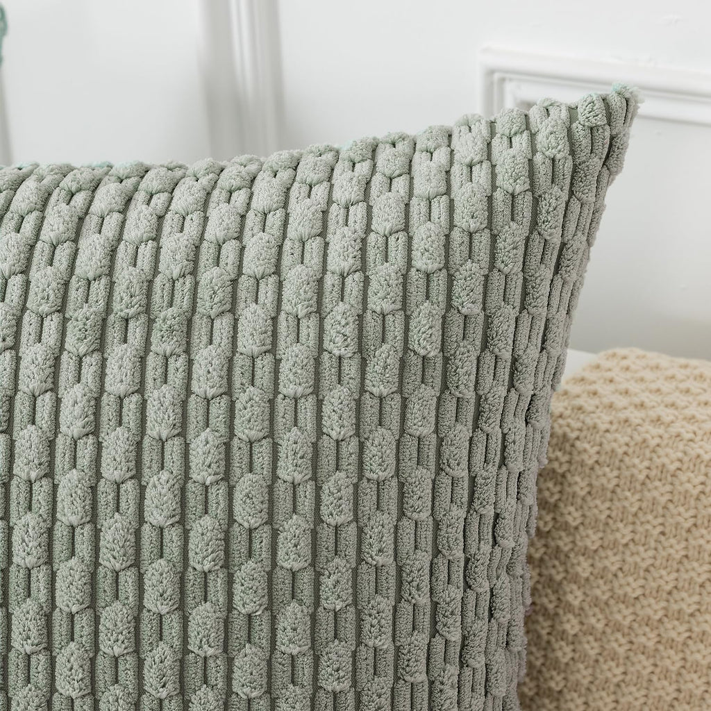 Kevin Textile Throw Pillow Covers Soft Corduroy Decorative Set Of 2 Boho Striped Pillow Covers Pillowcases Farmhouse Home Decor For Couch Bed Sofa Living Room 18X18 Inch Greyish Green