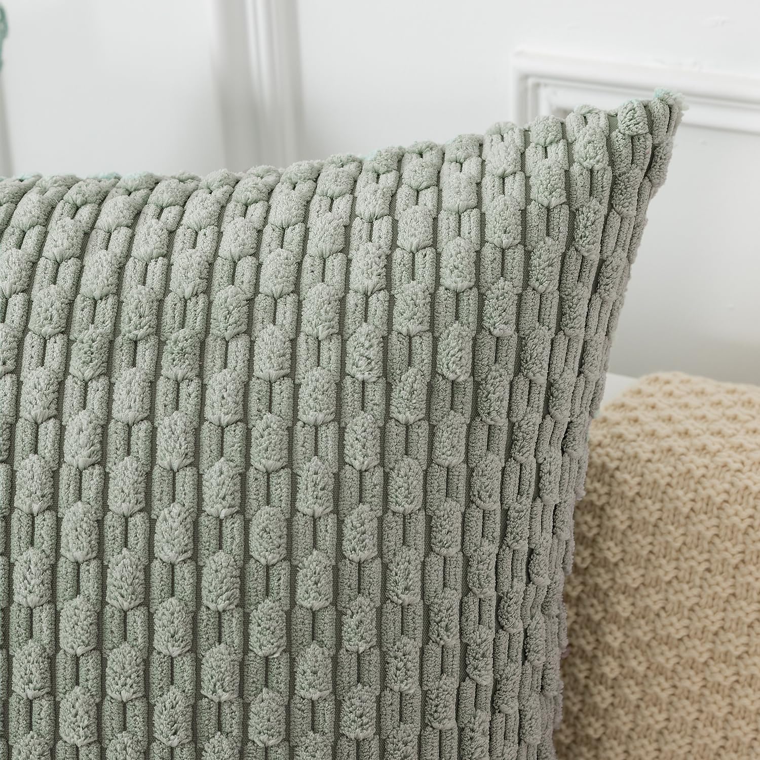 Kevin Textile Throw Pillow Covers Soft Corduroy Decorative Set Of 2 Boho Striped Pillow Covers Pillowcases Farmhouse Home Decor For Couch Bed Sofa Living Room 18X18 Inch Greyish Green