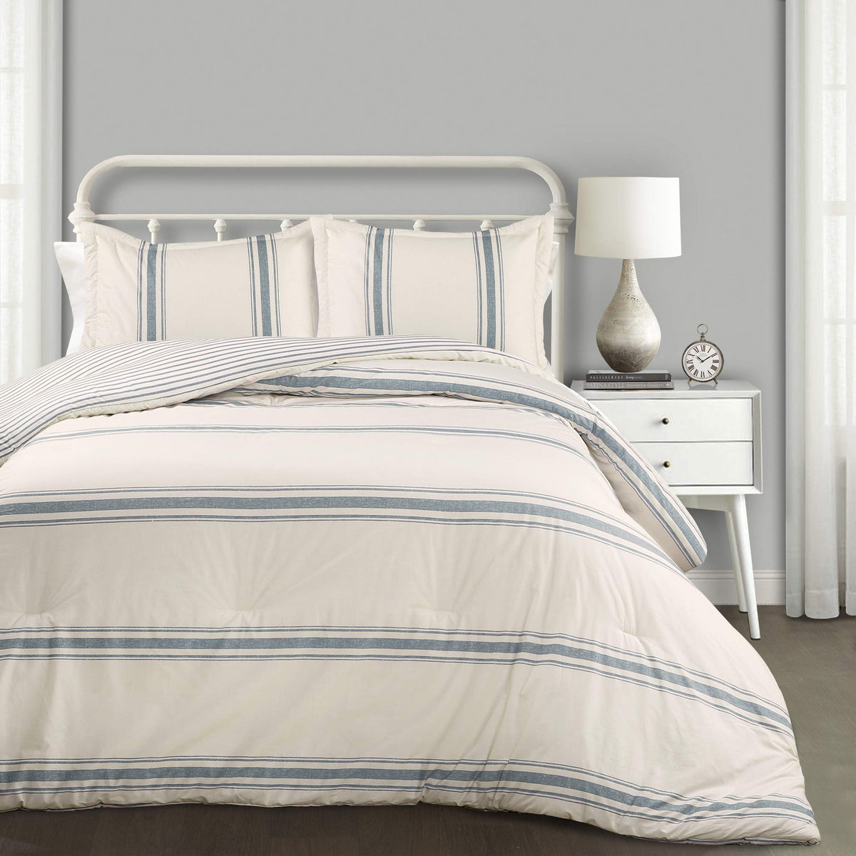 Lush Decor Farmhouse Stripe Reversible Cotton Comforter Set, 3 Piece Set, California King, Blue - Cozy Farmhouse Bedding Set - R