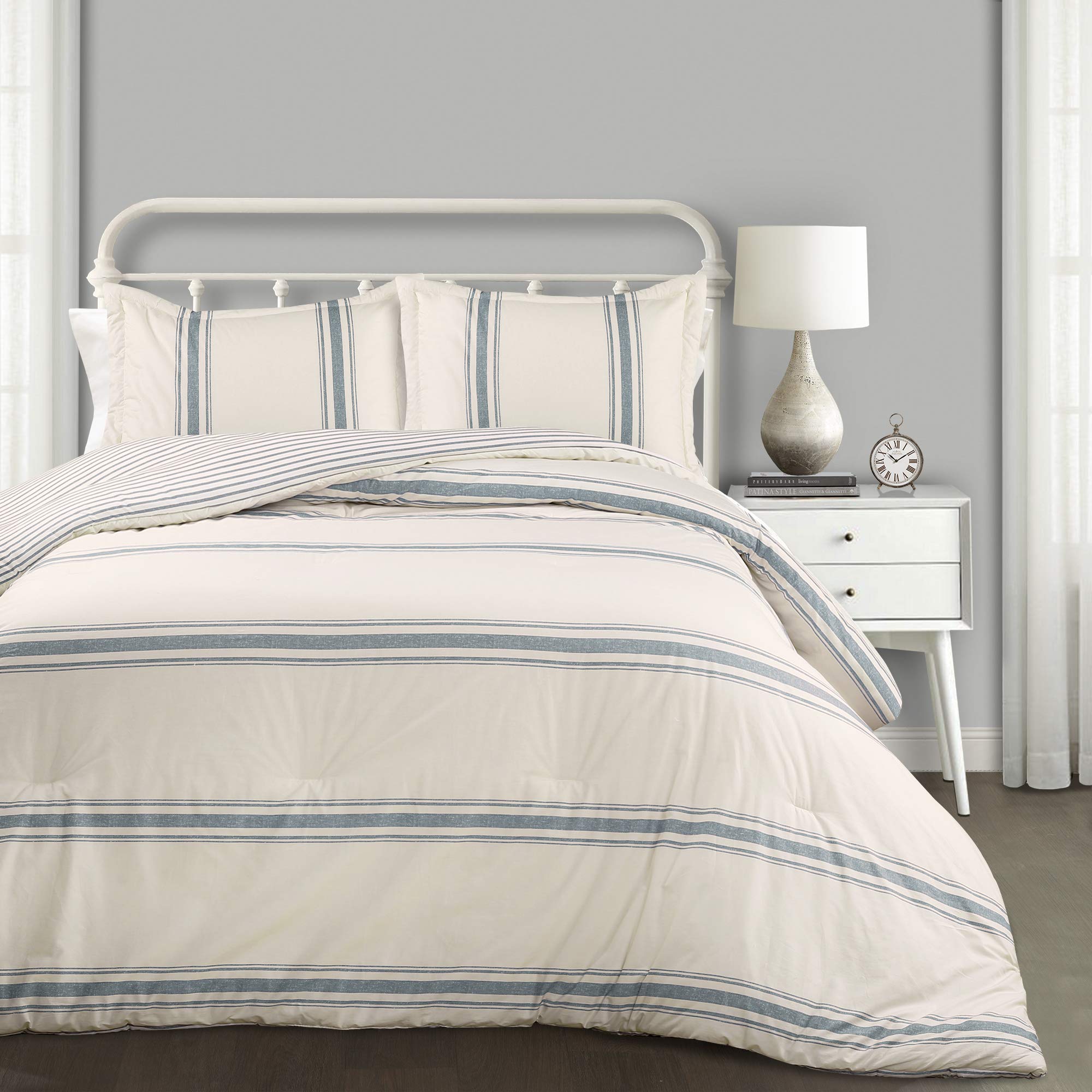 Lush Decor Farmhouse Stripe Reversible Cotton Comforter Set, 3 Piece Set, California King, Blue - Cozy Farmhouse Bedding Set - R