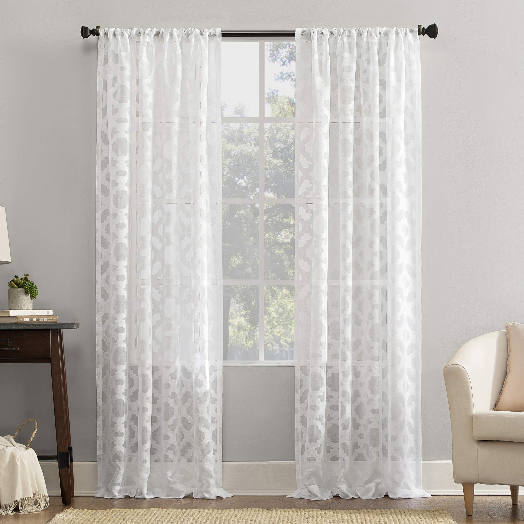 No. 918 Yvette Trellis Jacquard Sheer Rod Pocket Curtain Panel, 52' X 95', White