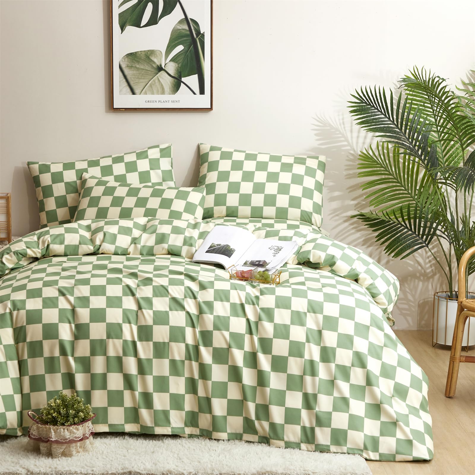 Houseri Green And White Plaid Comforter Set Twin Boys Girls Kids Sage Green Bedding Sets Twin Size Light Green Grid Comforters S