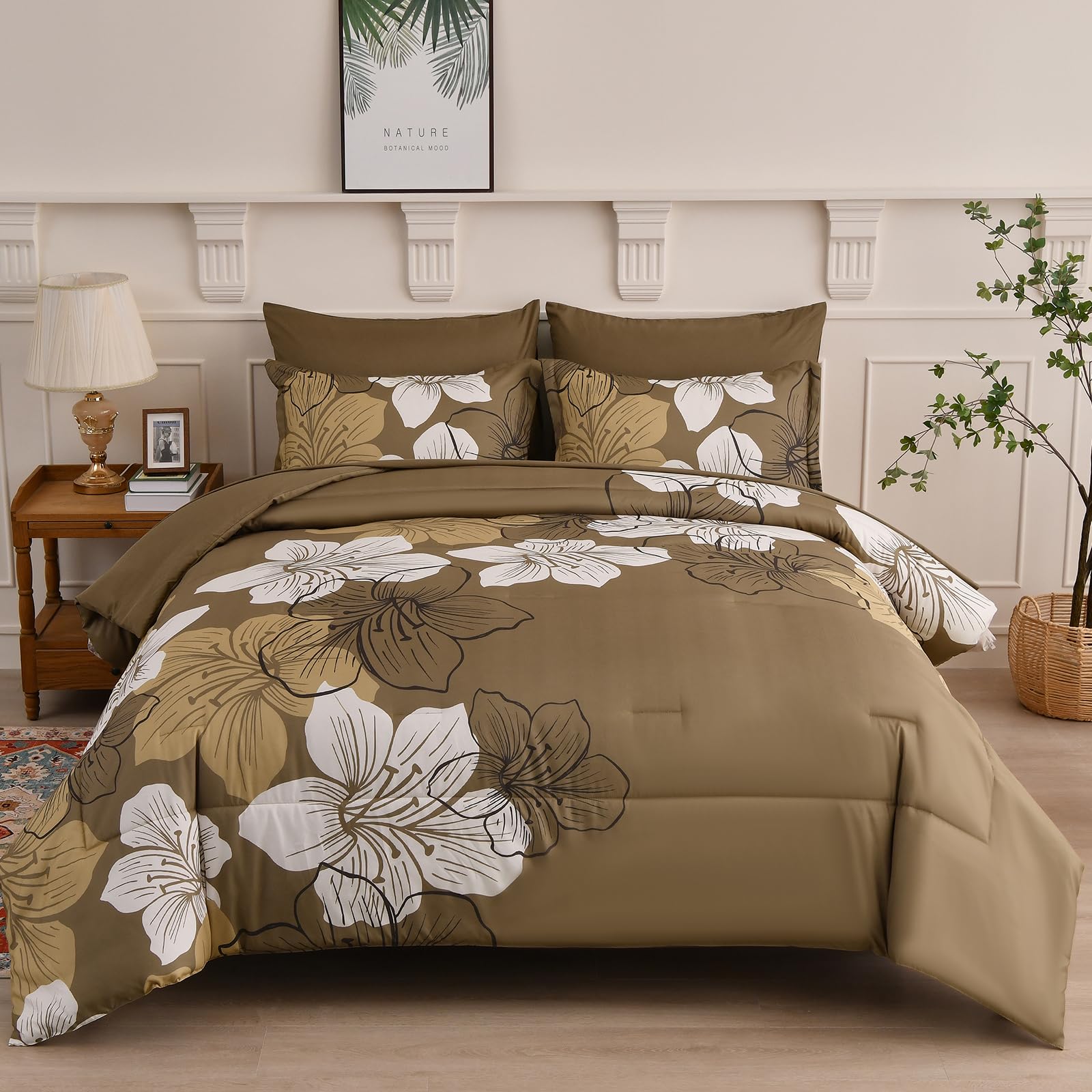 Luxudecor Floral Comforter Set King Size, 7 Pieces Bed In A Bag Brown Floral Comforter And Sheet Set, Soft Microfiber Brown Comp