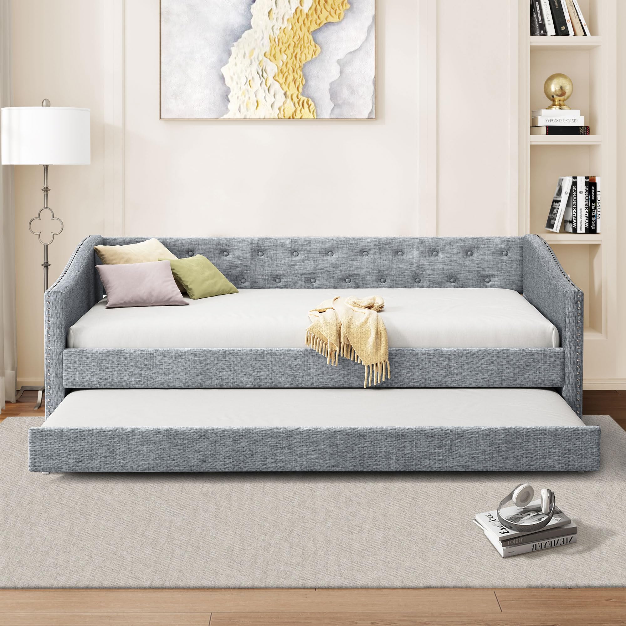 Ball & Cast Twin Size Upholstered Tufted Daybed With Twin-Size Trundle, Bed Frame W/Button Tufted Back And Waved Shape Arms,For