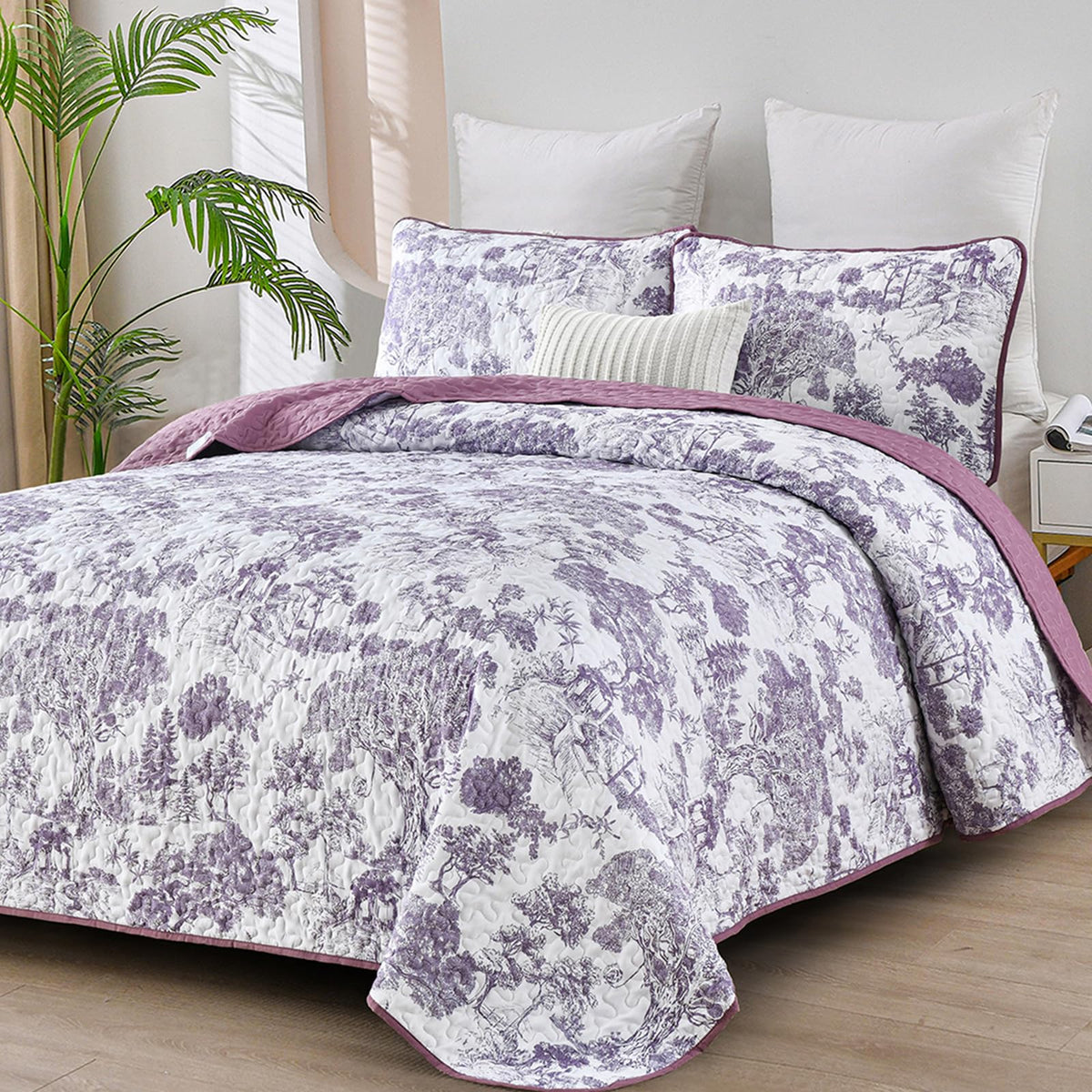 WONGS BEDDING Botanical Quilt Set Queen Size, Purple 3 Pieces Floral Plants Printed Bedspread Bedding Set Soft Lightweight Micro
