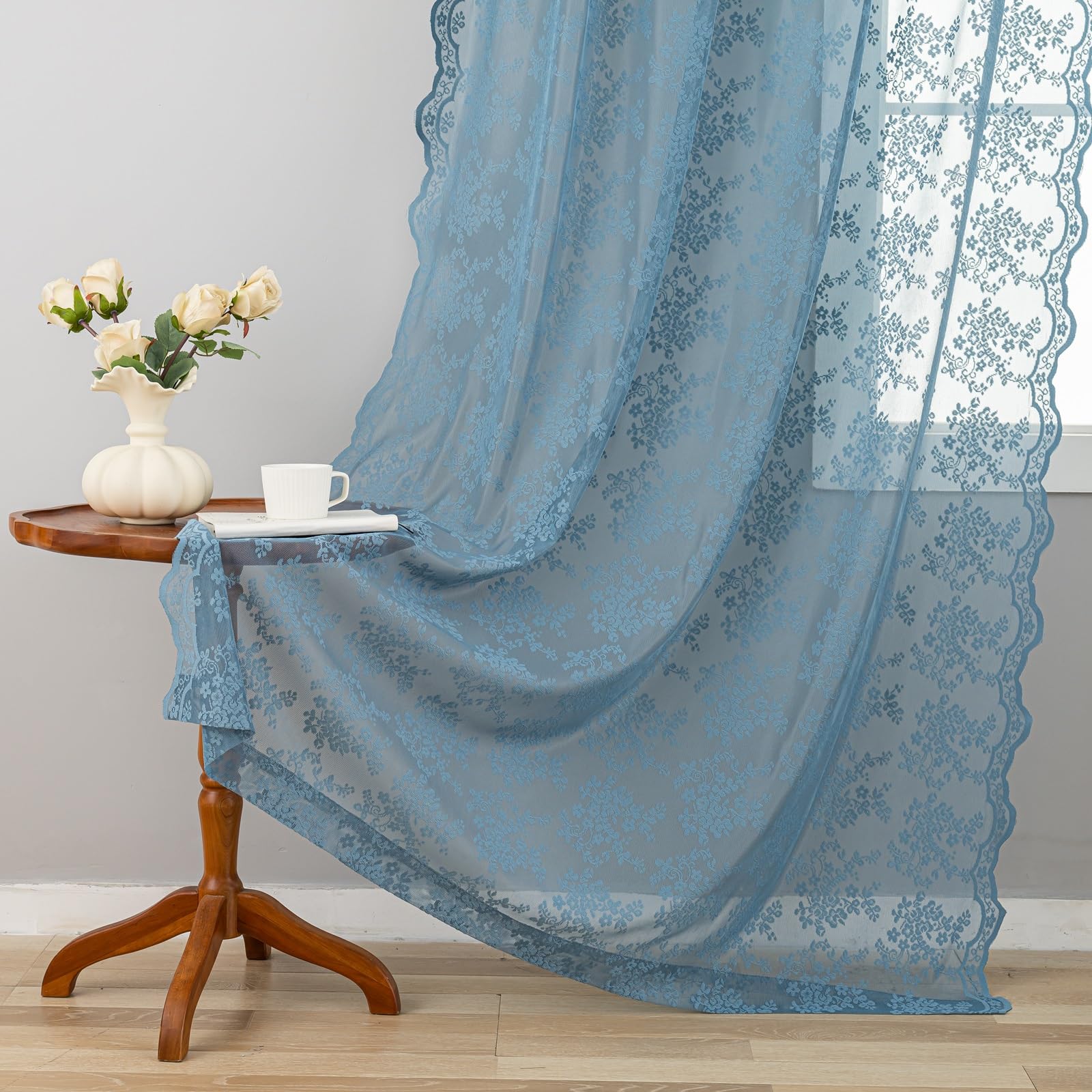 Dusty Blue Curtains 84 Inch Length 2 Panels Set Vintage Floral Lace Sheer Window Curtains Beach Coastal Decor For Bedroom Living