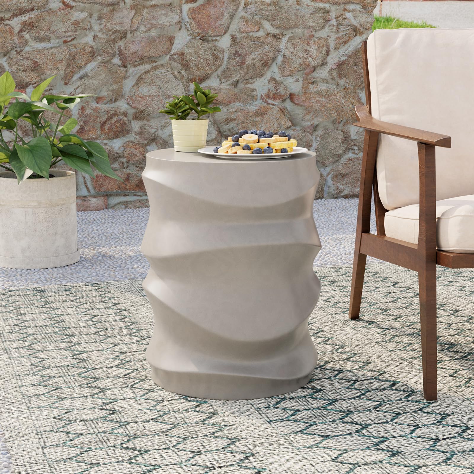 COSIEST Outdoor Side Table, 18H Patio Concrete Side Accent Table, Streamlined Lightweight Decorative Patio Garden Stools, Plan