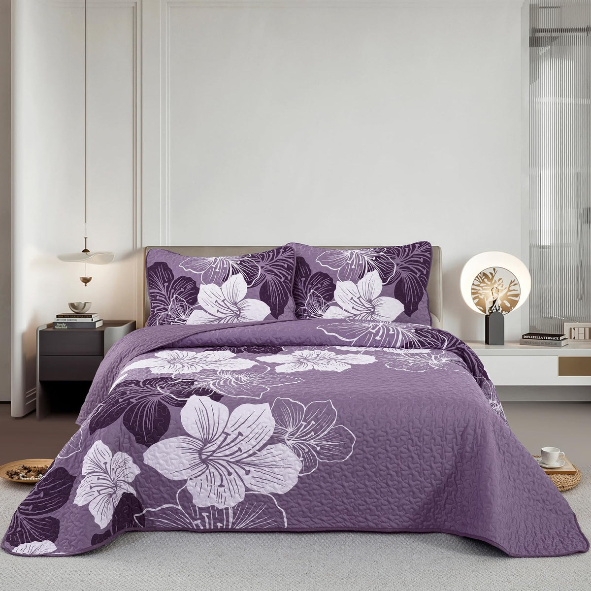 3 Pieces Quilt Set King Dark Purple Floral Pattern Quilt Coverlet Set Elegant Boho Bedspread With 2 Pillow Cases Soft Microfiber