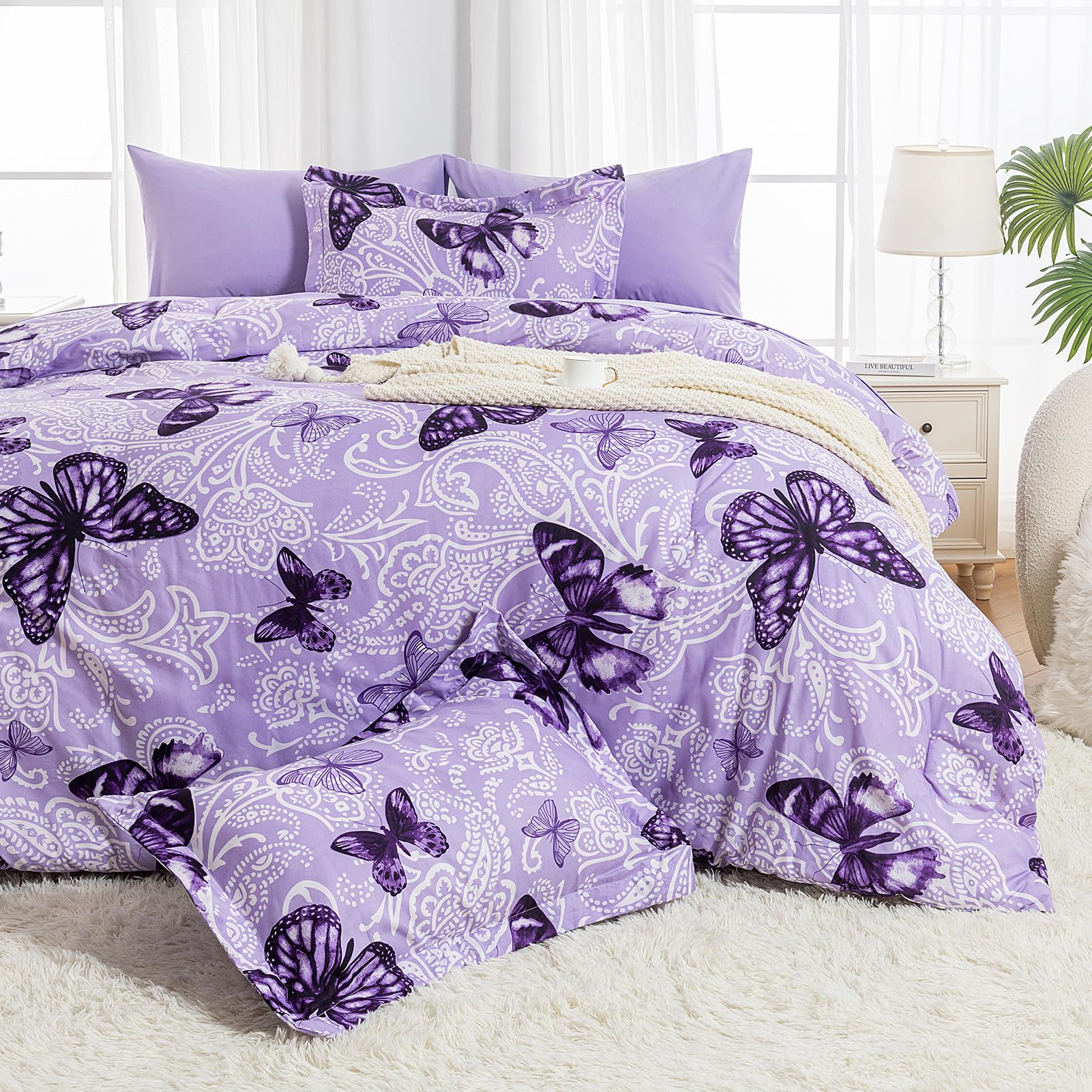 Artall Lightweight Microfiber Full/Queen Size 3 Pieces Comforter Set With 2 Shams, Purple Paisley Floral Butterfly Pattern All S