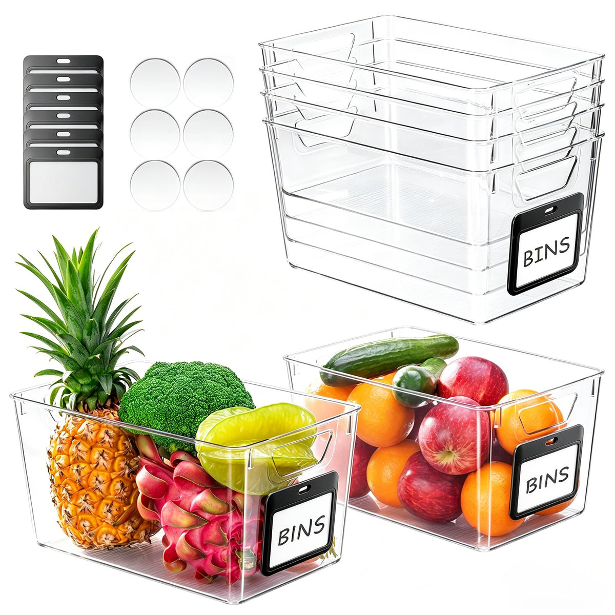iCASA 6Pack Clear Fridge Organizers and Storage Bins Container with Labels