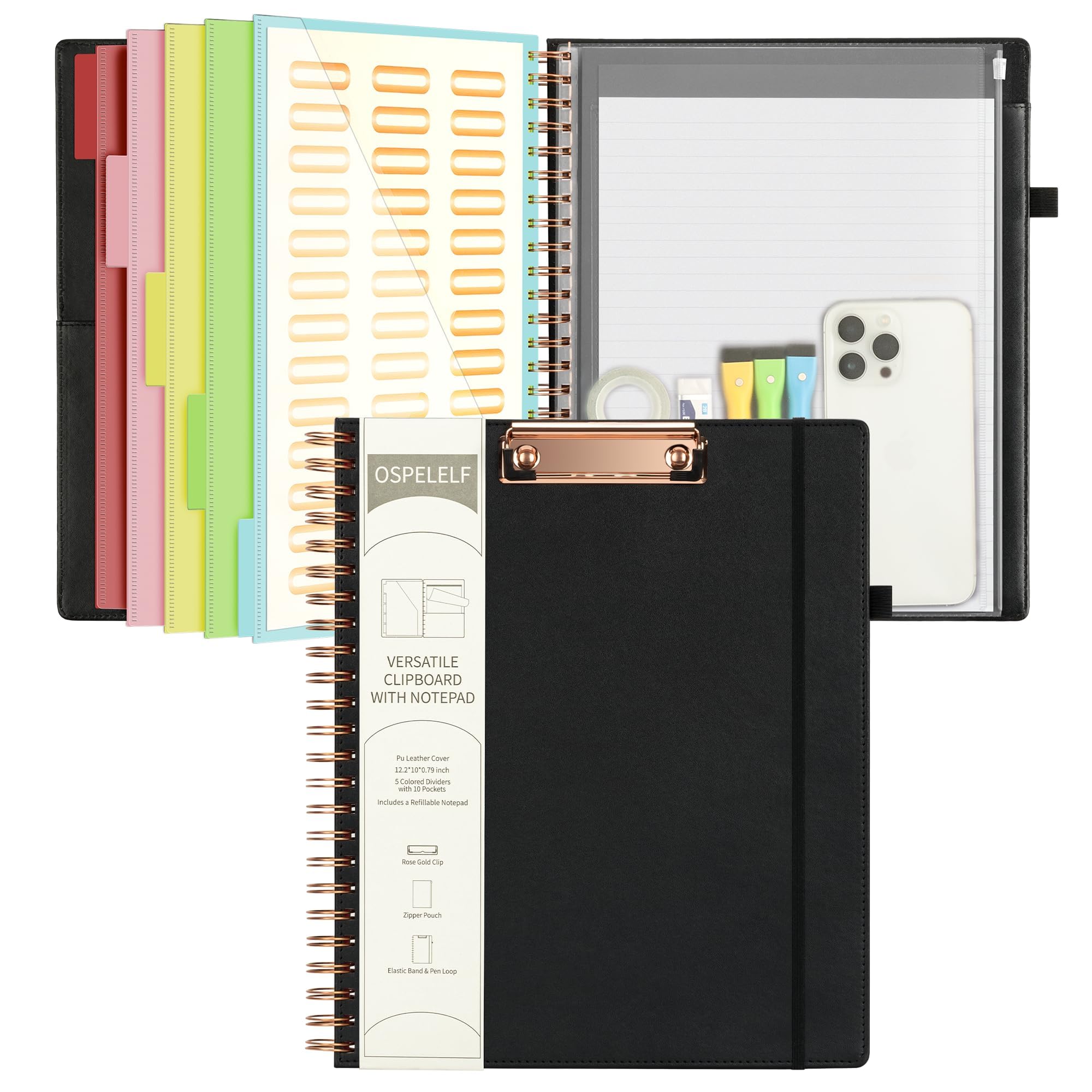 Ospelelf Leather Clipboard Folio With Notepad For Letter Size, Spiral Clipboard Folder With Storage Zipper Pouch, 5 Folders With