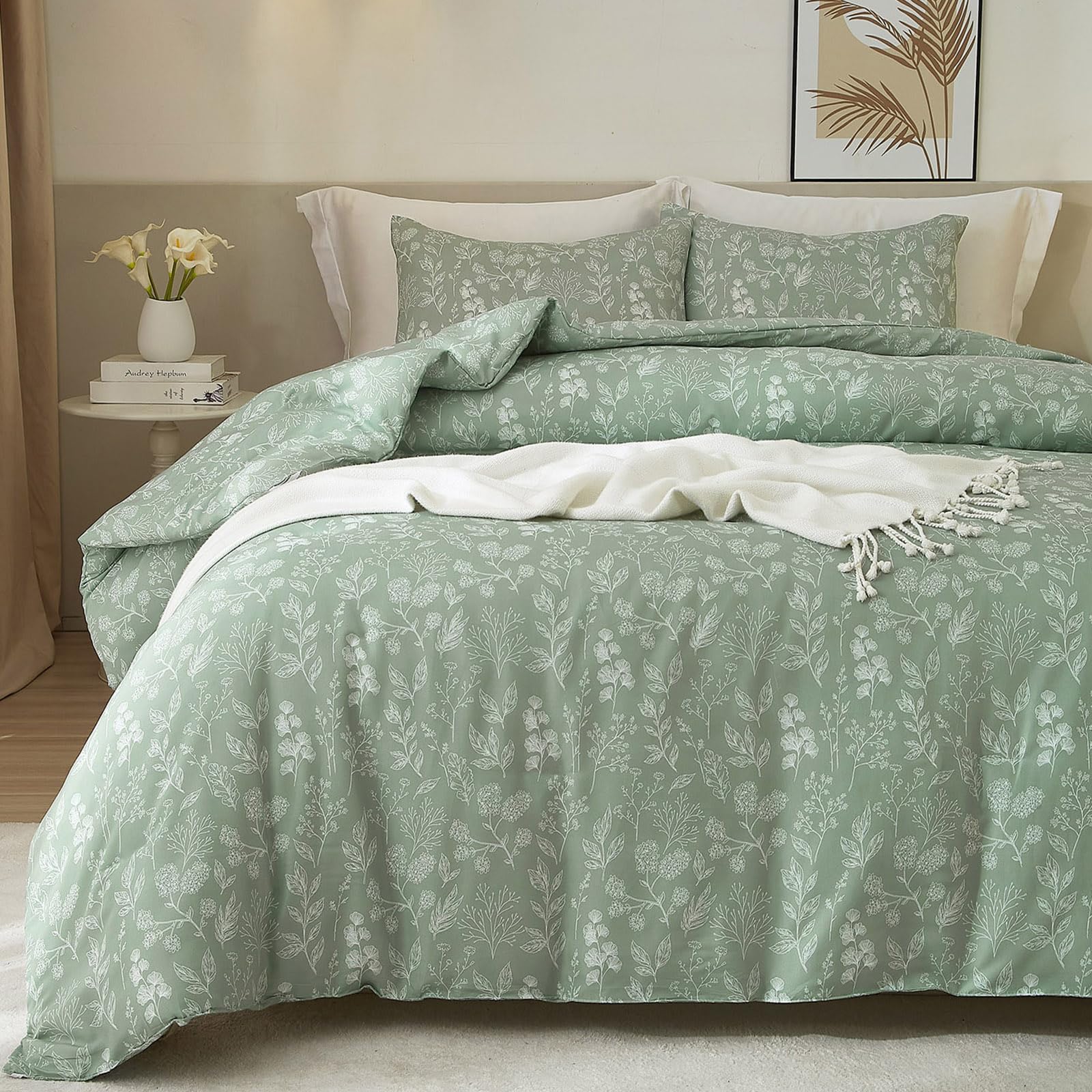 Highbuy 3 Piece Full Duvet Cover For Girl Green Botanical Floral Comforter Cover Full 100% Cotton Garden Chic Bedding Set With 2