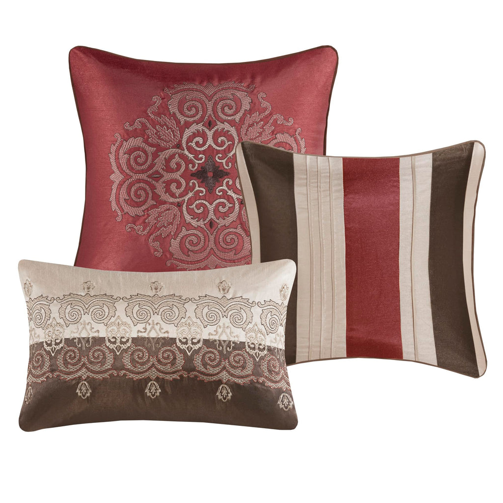 Madison Park Comforter Faux Silk-Traditional Luxurious Jacquard Design All Season Set, Matching Bed Skirt, Decorative Pillows, King(104'X92'), Red 7 Piece